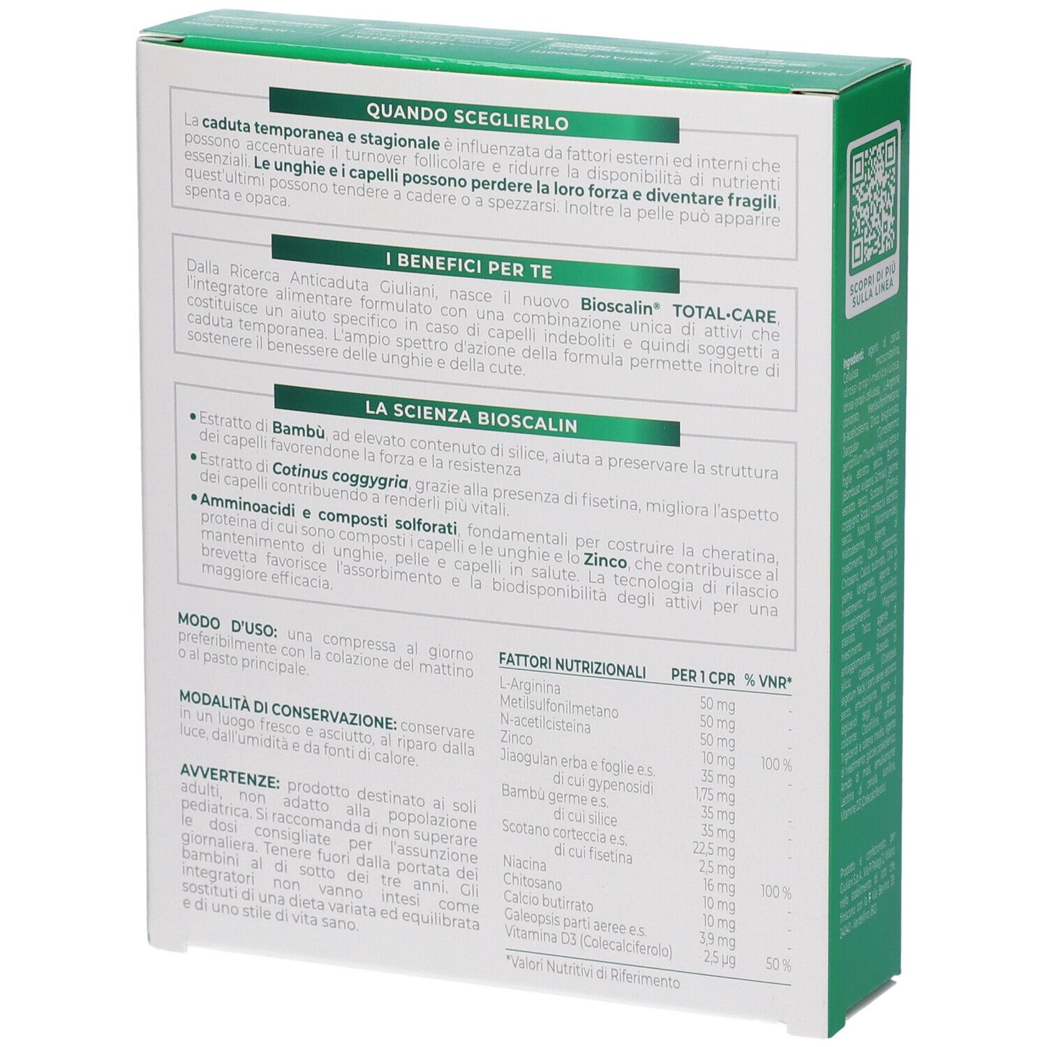 Retro della confezione Bioscalin Total Care. Testo: Quando sceglierlo, I benefici per te, La scienza Bioscalin, Modo d'uso, Avvertenze. Informazioni nutrizionali.