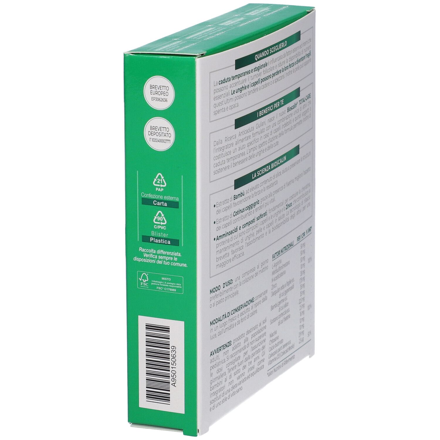 Lato della confezione Bioscalin Total Care. Testo: Quando sceglierlo, I benefici per te, La scienza Bioscalin, Modo d'uso, Avvertenze. Simboli di riciclaggio.