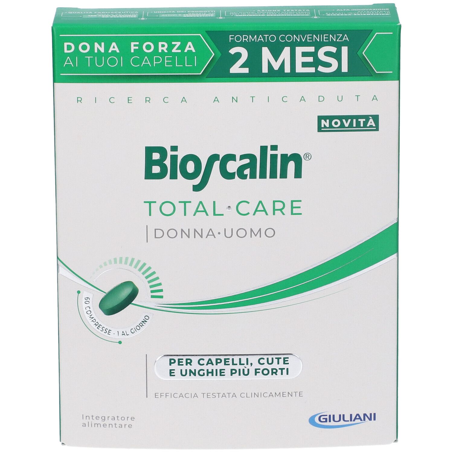Confezione di Bioscalin Total Care. Contiene 60 compresse. Testo: Dona Forza ai tuoi capelli, 2 mesi, Ricerca anticaduta, Donna-Uomo. Logo Giuliani.