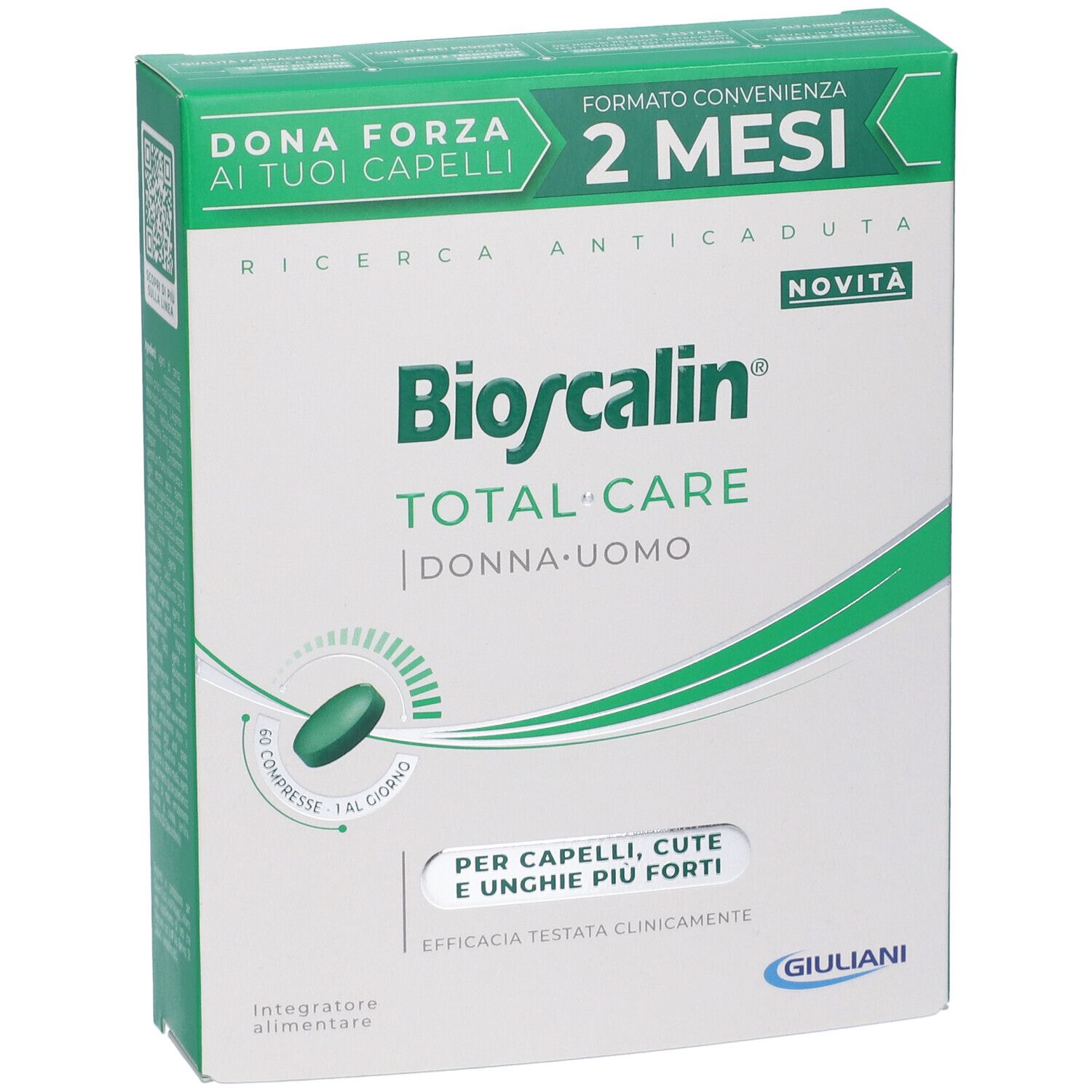 Confezione di Bioscalin Total Care. Contiene 60 compresse. Testo: Dona Forza ai tuoi capelli, 2 mesi, Ricerca anticaduta, Donna-Uomo. Logo Giuliani.