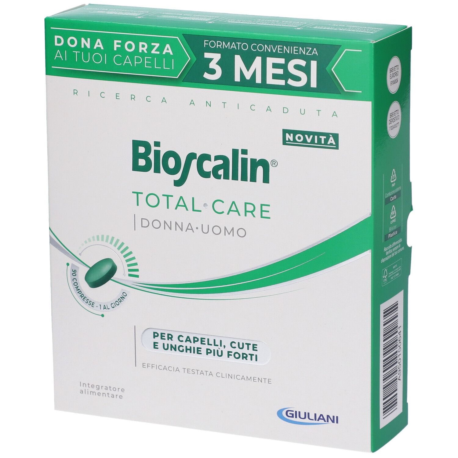 Confezione di Bioscalin Total Care Compresse, trattamento 3 mesi. Scatola in prospettiva, bianca e verde. Logo e nome prodotto visibili.