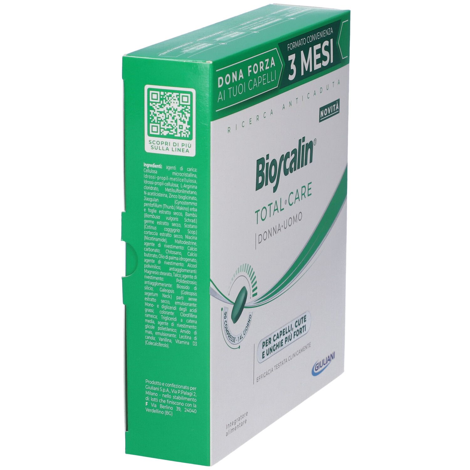 Confezione di Bioscalin Total Care Compresse, trattamento 3 mesi. Scatola in prospettiva, bianca e verde. QR code e informazioni.