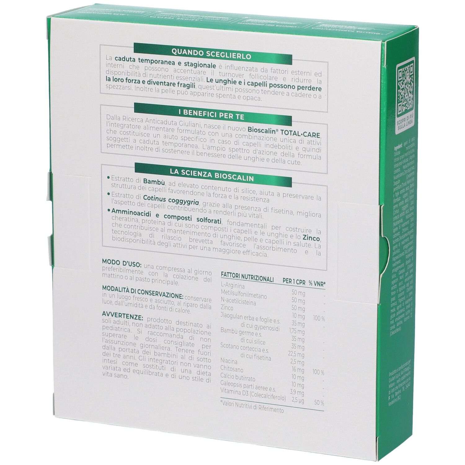 Retro della confezione Bioscalin Total Care Compresse. Informazioni testuali e tabella nutrizionale su sfondo verde.