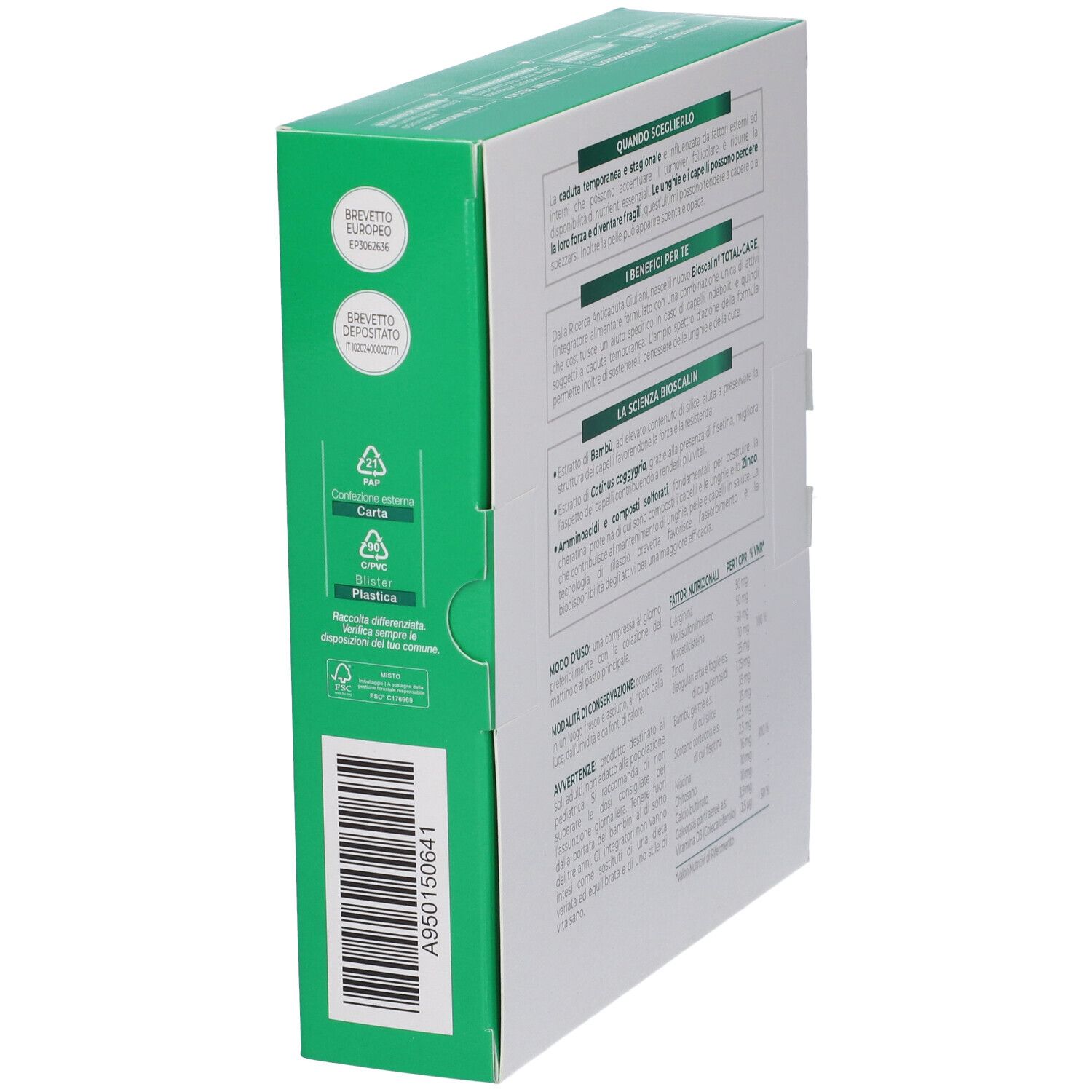 Lato della confezione Bioscalin Total Care Compresse. Simboli di riciclo e codice a barre su sfondo verde.