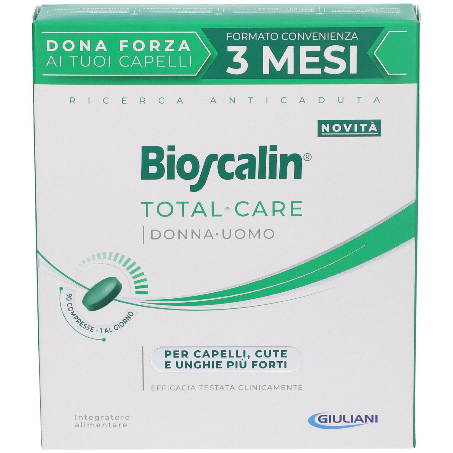Confezione di Bioscalin Total Care Compresse, trattamento 3 mesi. Scatola bianca con dettagli verdi. Logo e nome prodotto visibili.
