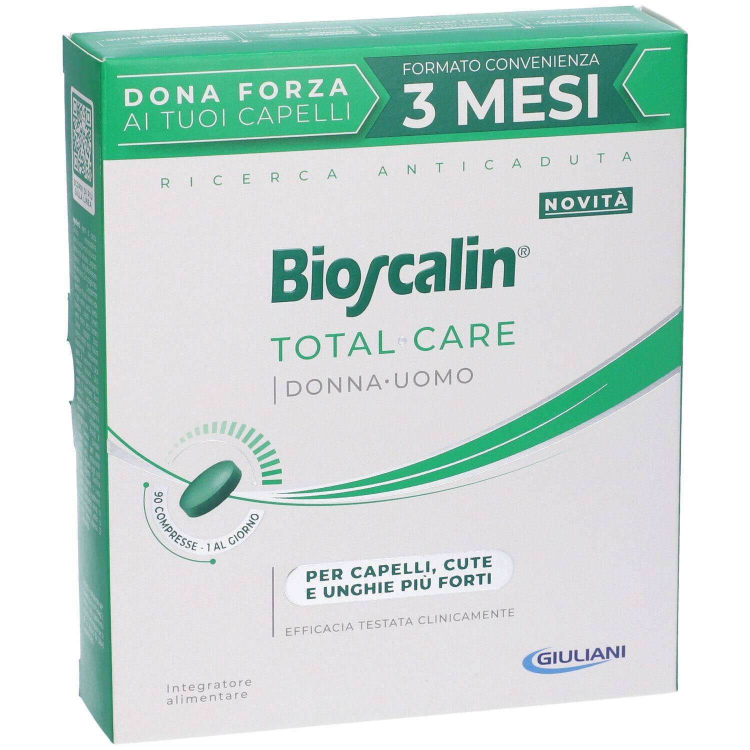 Confezione di Bioscalin Total Care Compresse, trattamento 3 mesi. Scatola bianca con dettagli verdi. Logo e nome prodotto visibili.