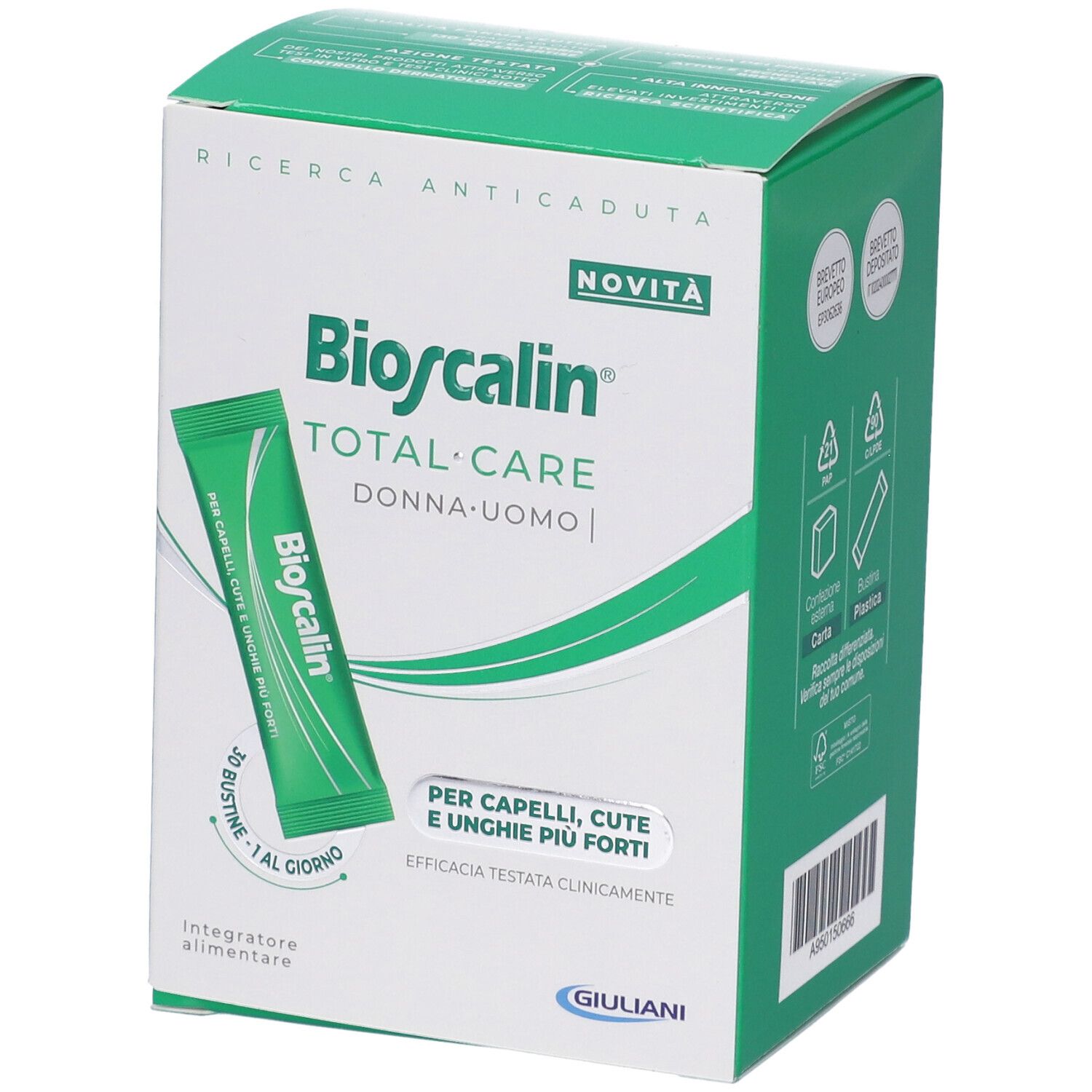 Scatola Bioscalin Total Care con bustina verde. Testo: Per capelli, cute e unghie più forti. Novità.