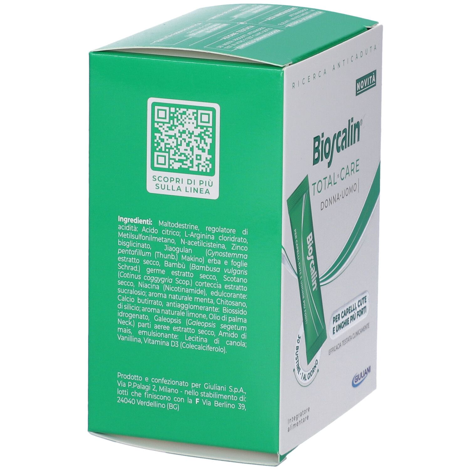 Retro della scatola Bioscalin Total Care. Testo: Per capelli, cute e unghie più forti. Ingredienti e QR code.