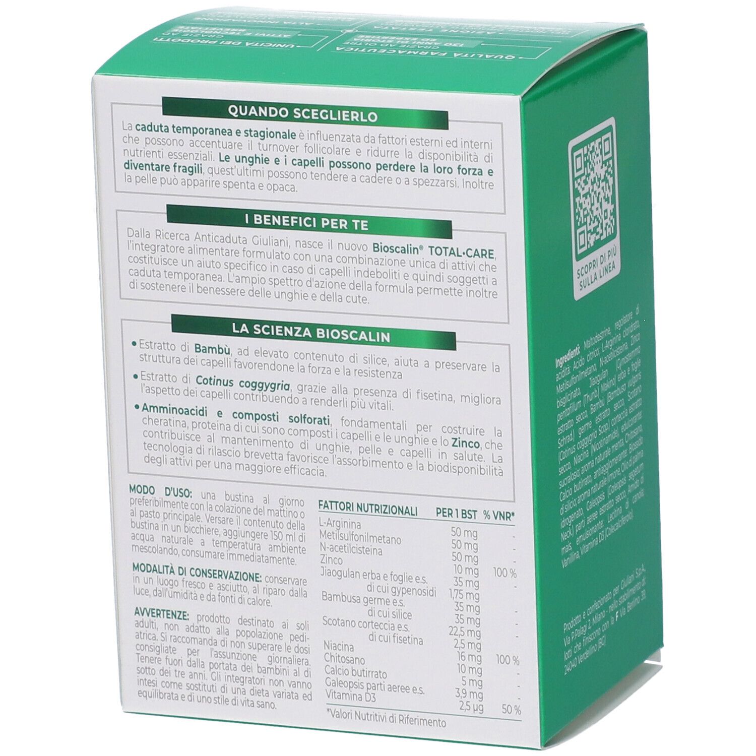 Retro della scatola Bioscalin Total Care. Testo: Per capelli, cute e unghie più forti. Istruzioni e informazioni nutrizionali.