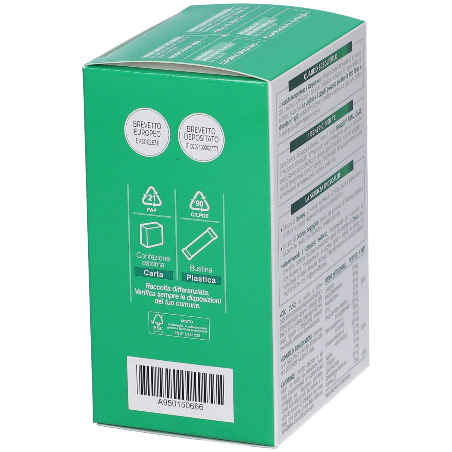 Retro della scatola Bioscalin Total Care. Testo: Per capelli, cute e unghie più forti. Simboli di riciclo e informazioni produttore.