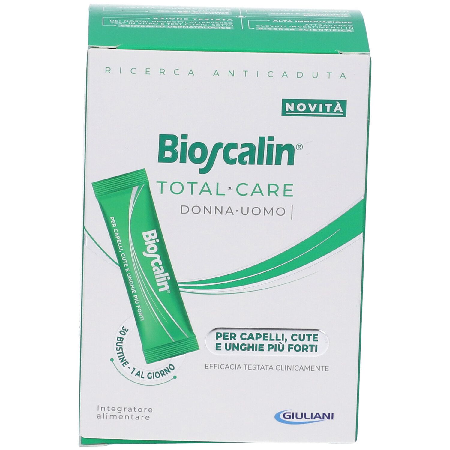 Scatola Bioscalin Total Care. Testo: Per capelli, cute e unghie più forti. 30 bustine - 1 al giorno. Novità.