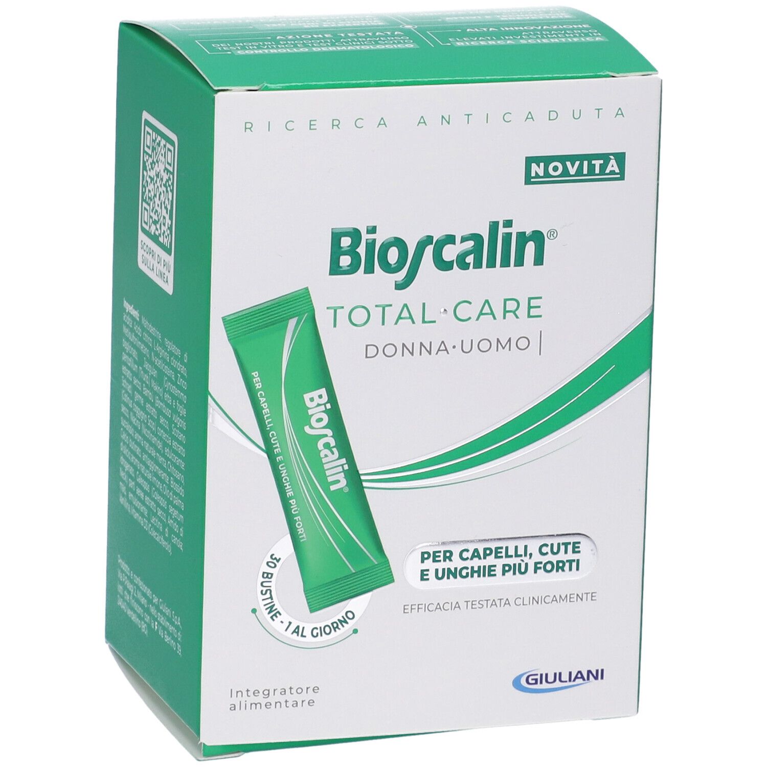 Scatola Bioscalin Total Care. Testo: Per capelli, cute e unghie più forti. 30 bustine - 1 al giorno. Novità.