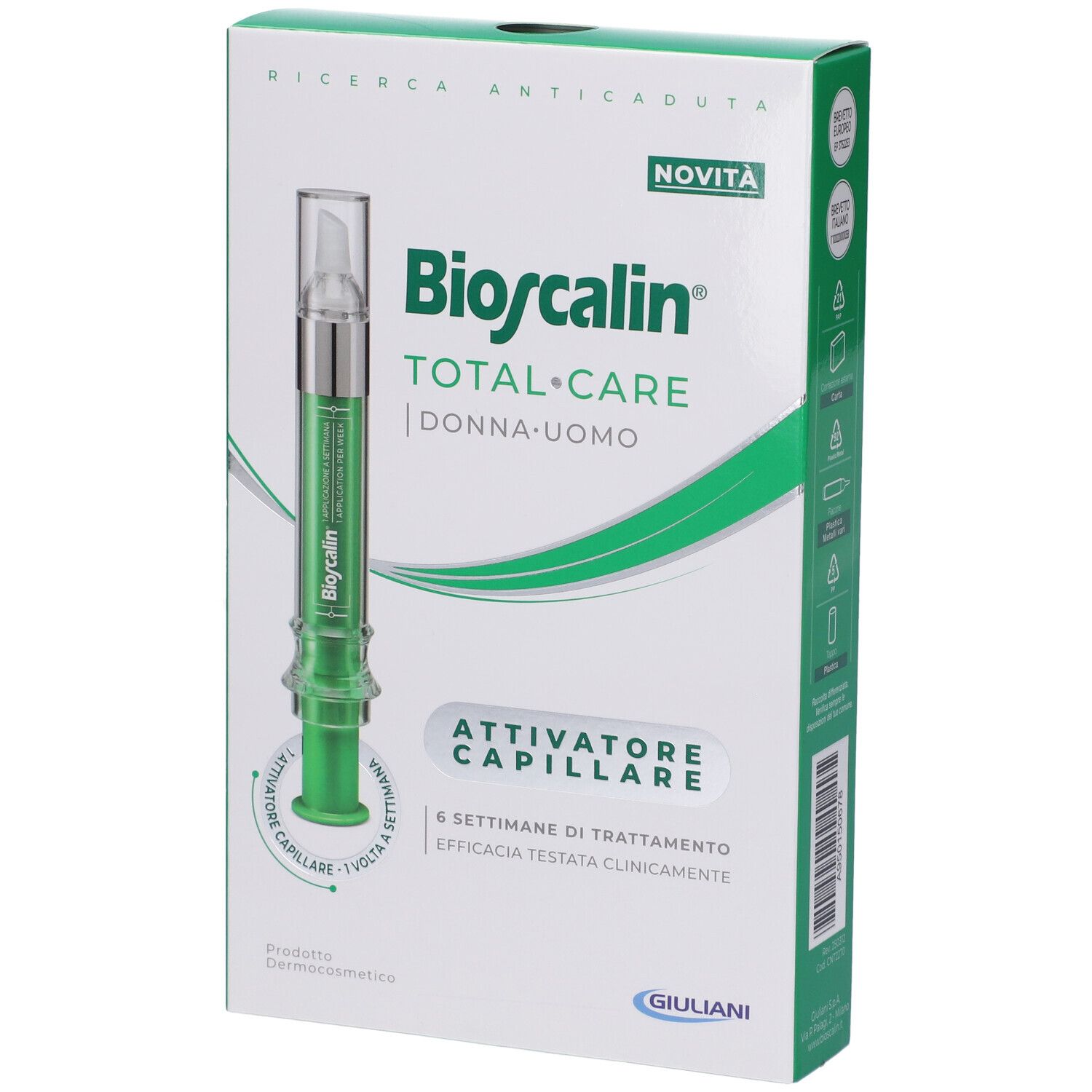 Confezione del prodotto. Scatola verde e bianca con immagine del prodotto. Testo: Bioscalin Total Care, Attivatore Capillare.