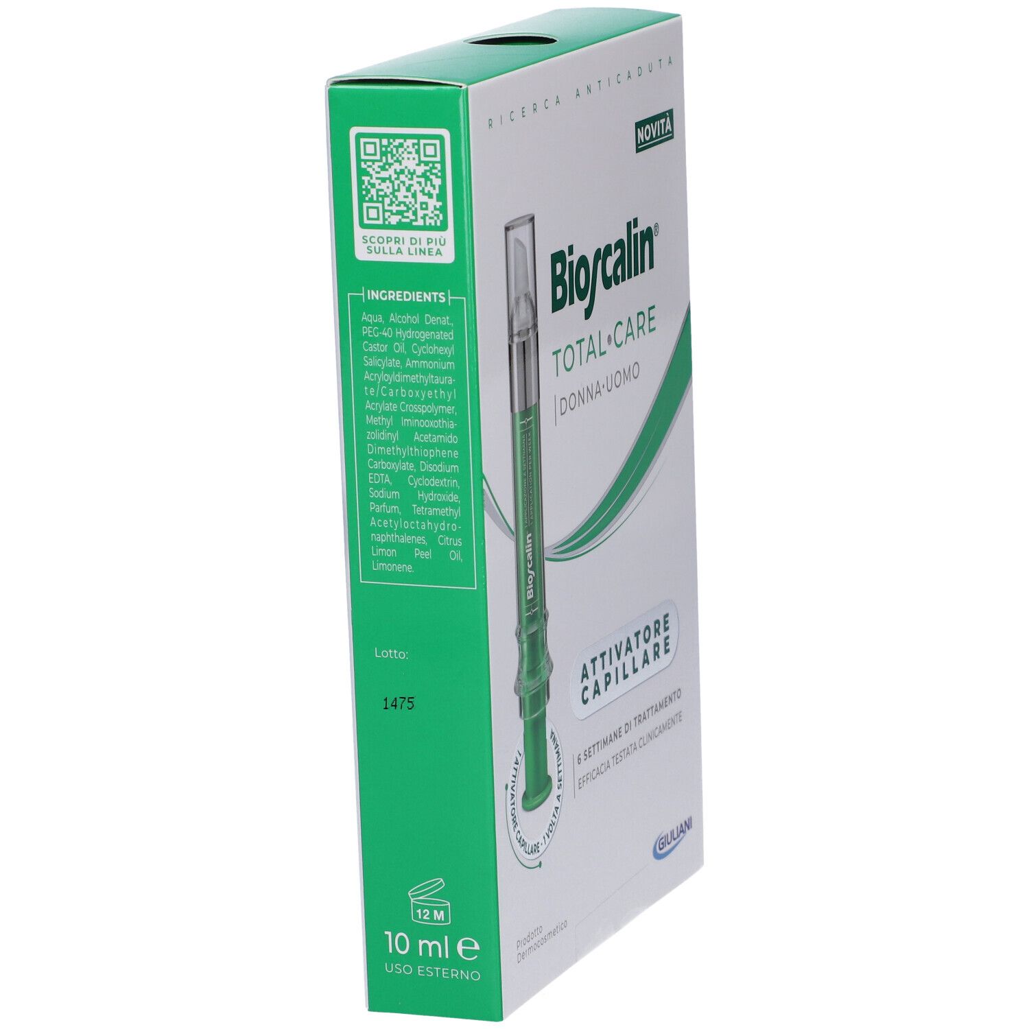 Vista laterale della confezione. Testo: Ingredienti, 10 ml, Uso Esterno. Codice QR. Design verde e bianco.