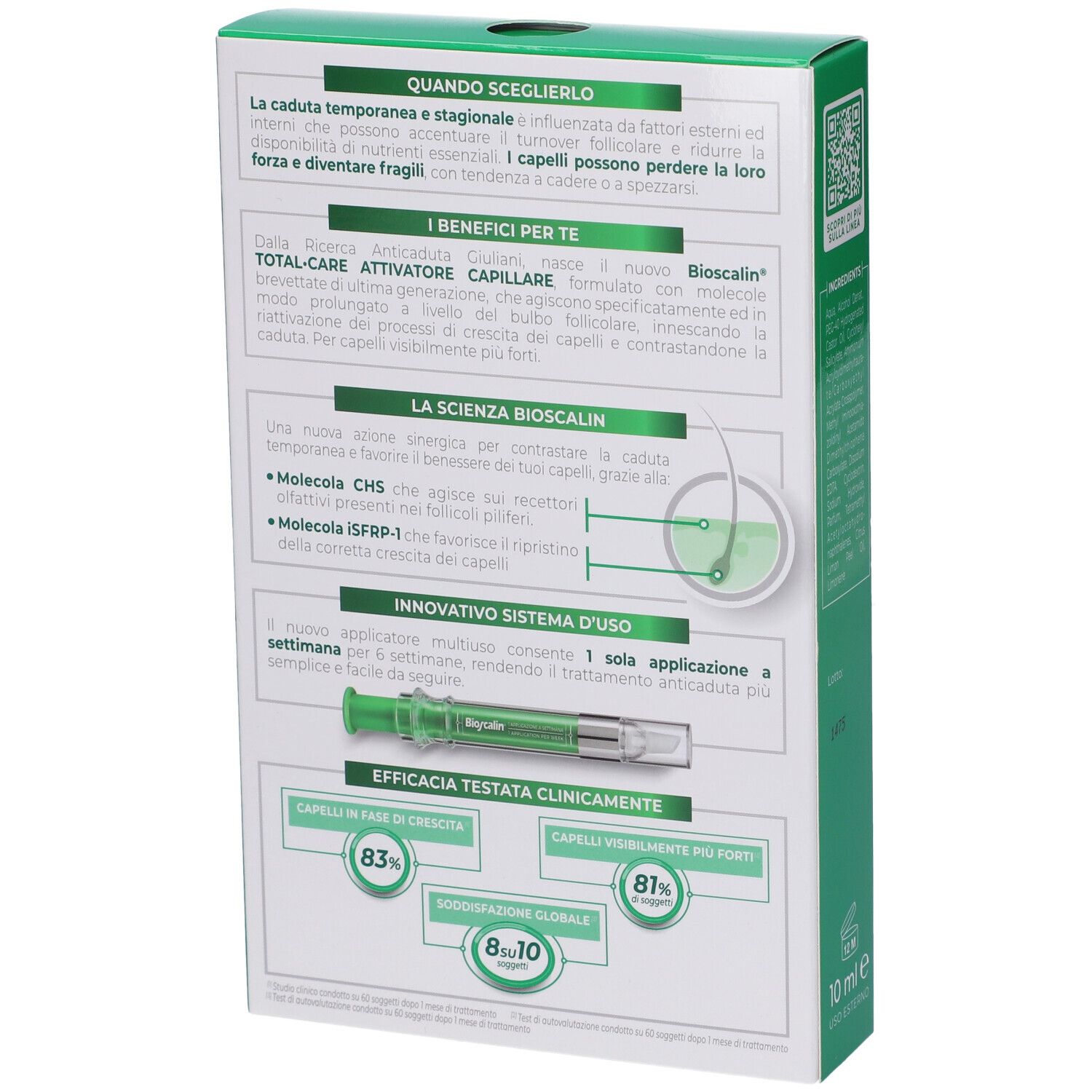 Retro della confezione. Sezioni di testo su benefici, ingredienti e utilizzo. Grafici con percentuali.