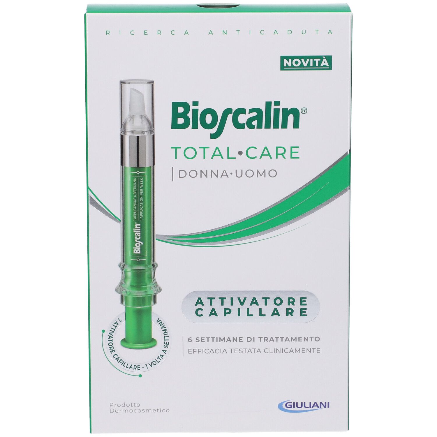 Confezione del prodotto. Scatola verde e bianca con immagine del prodotto. Testo: Bioscalin Total Care, Attivatore Capillare.