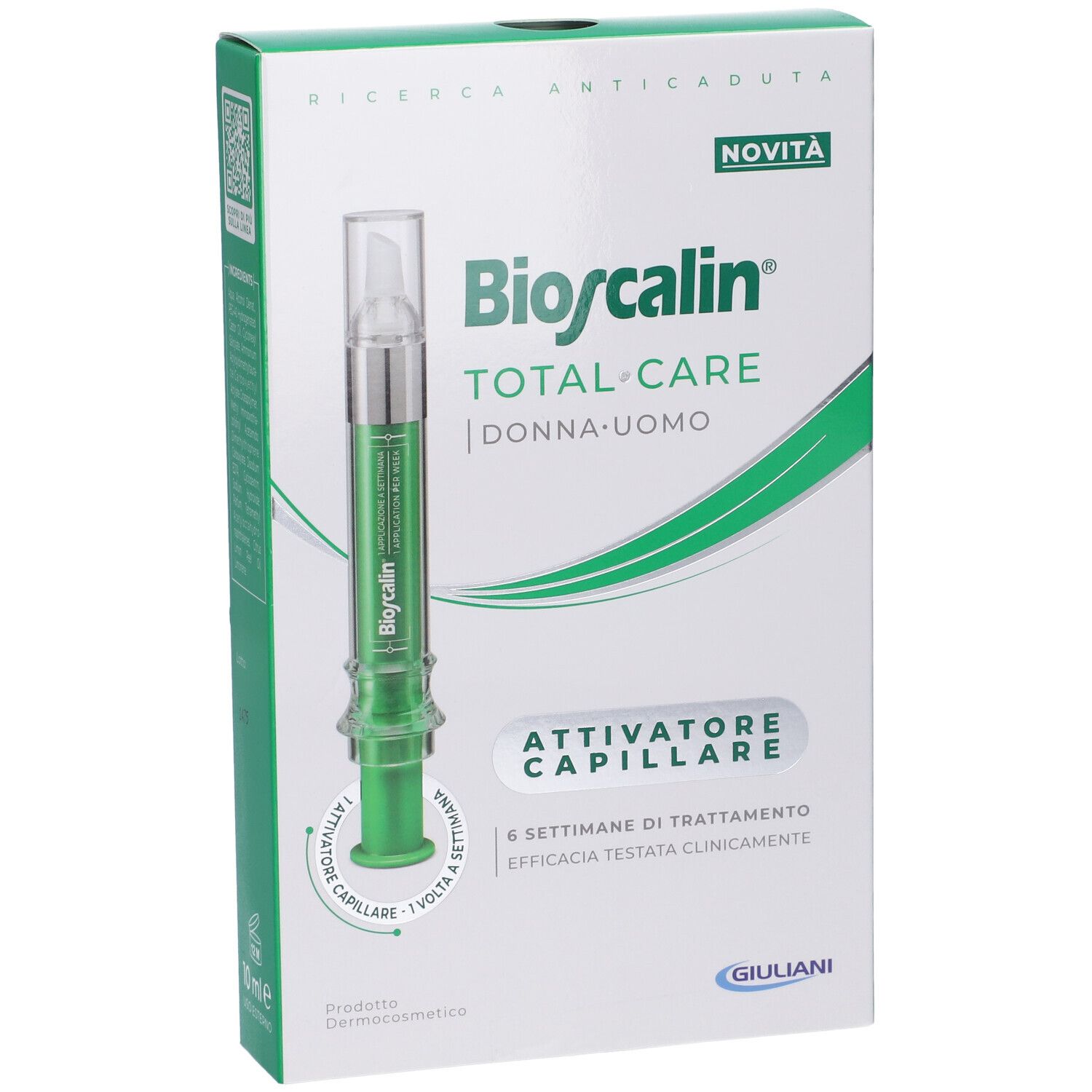 Confezione del prodotto. Scatola verde e bianca con immagine del prodotto. Testo: Bioscalin Total Care, Attivatore Capillare.