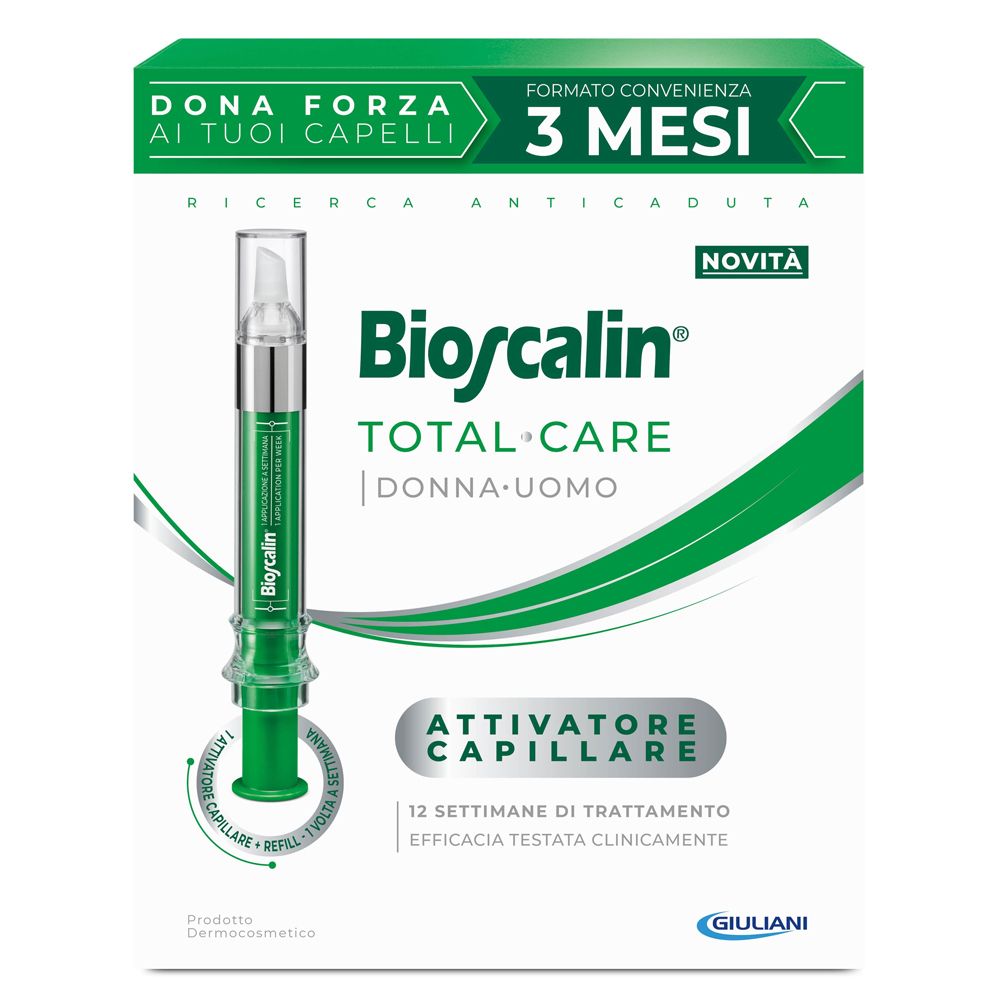Confezione con prodotto. Contiene una fiala. Testo: Bioscalin Total Care, Attivatore Capillare, 3 mesi.