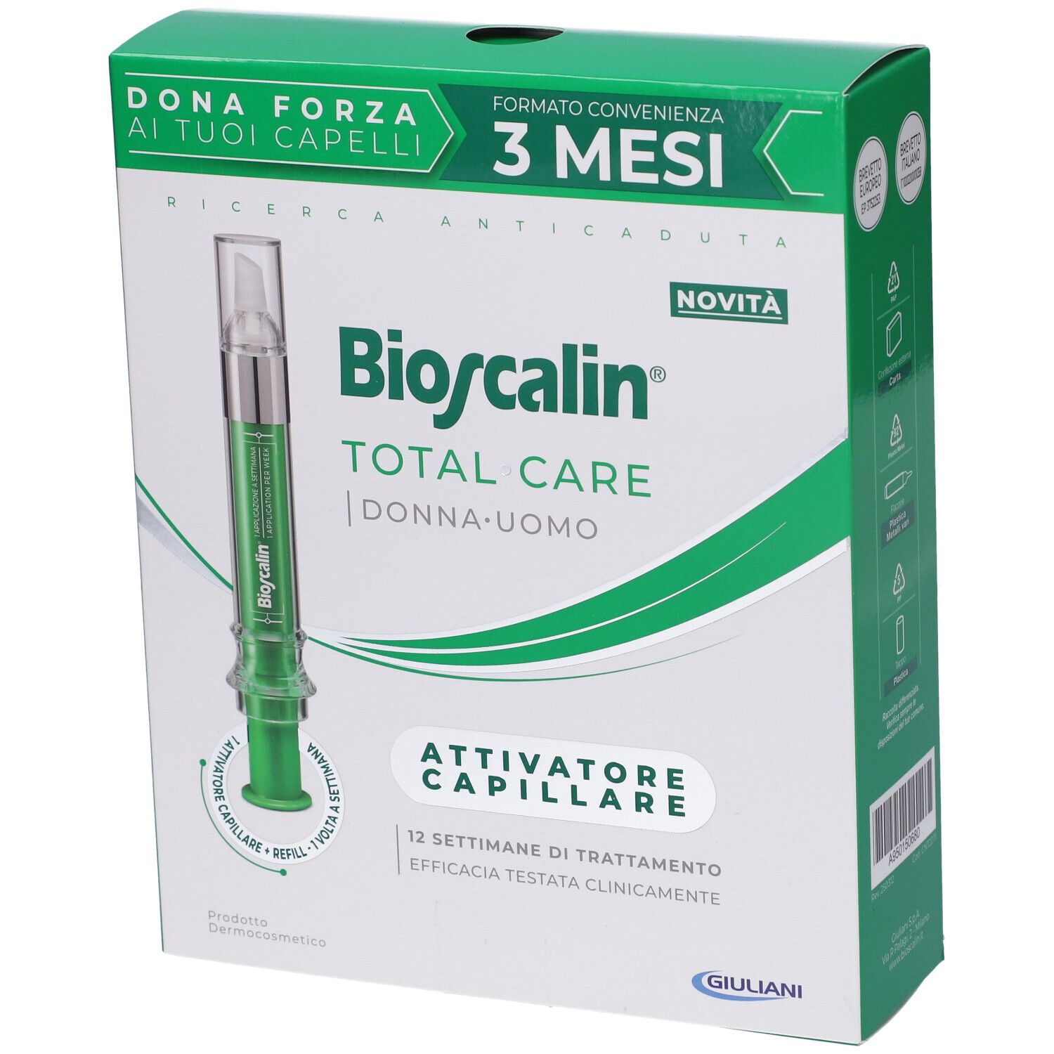 Confezione del prodotto. Contiene una fiala. Testo: Bioscalin Total Care, Attivatore Capillare, 3 mesi.