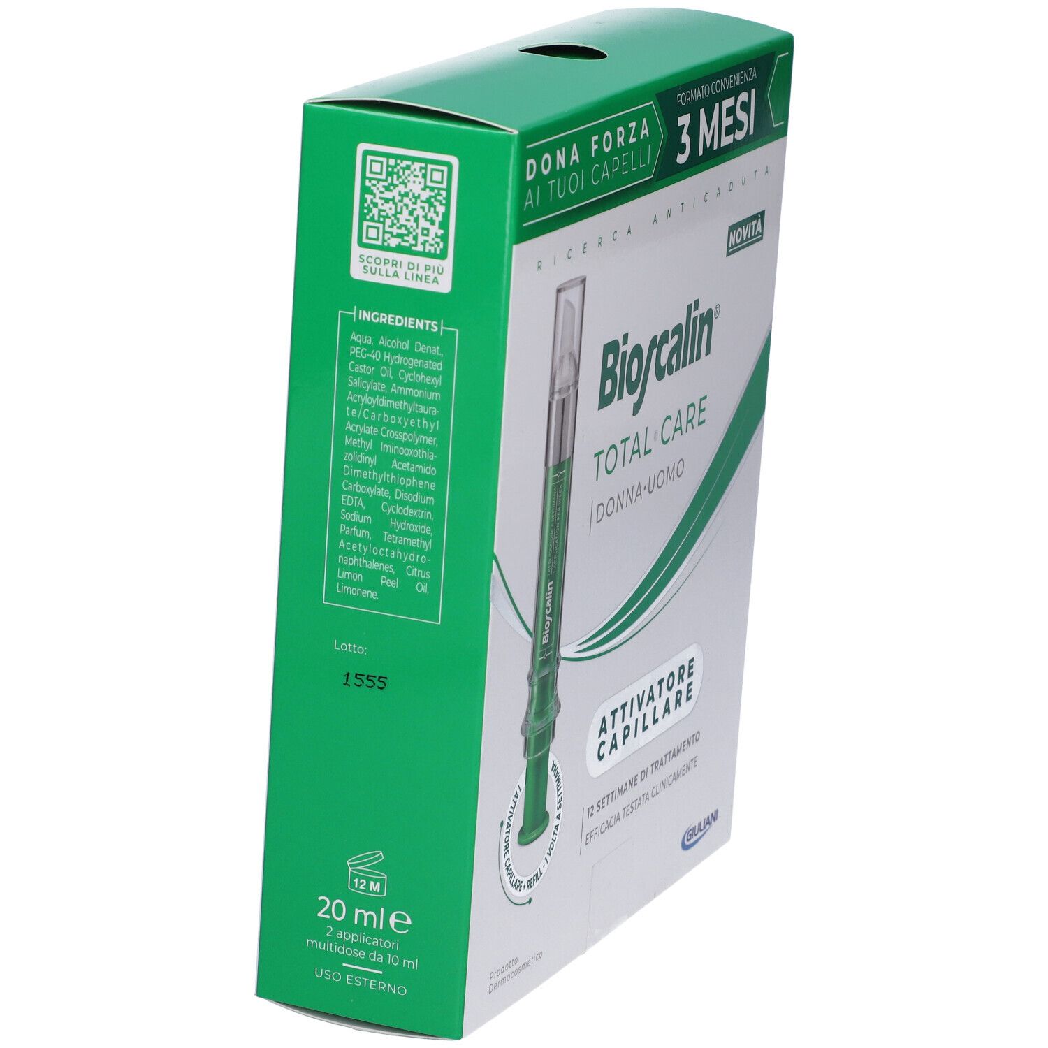 Confezione del prodotto, in diagonale. Contiene una fiala. Testo: Bioscalin Total Care, Attivatore Capillare, 3 mesi.
