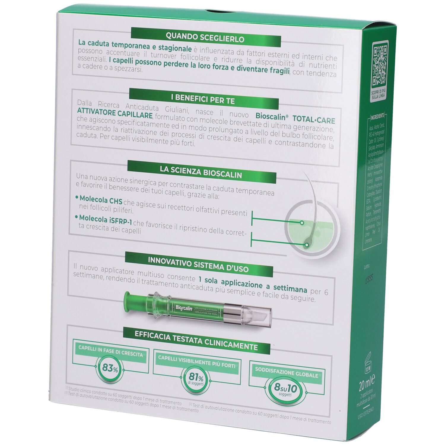 Retro della confezione del prodotto. Testo: Bioscalin Total Care, Attivatore Capillare. Contiene informazioni.