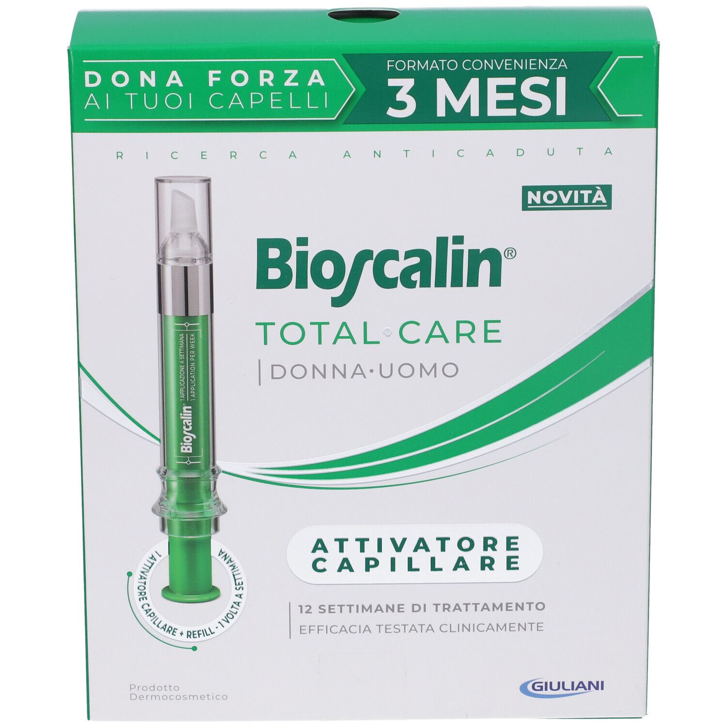 Confezione del prodotto. Contiene una fiala. Testo: Bioscalin Total Care, Attivatore Capillare, 3 mesi.
