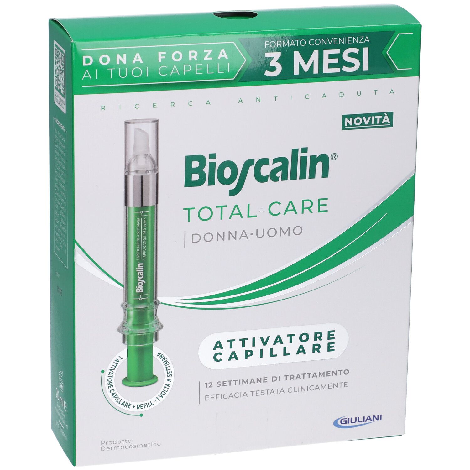 Confezione del prodotto. Contiene una fiala. Testo: Bioscalin Total Care, Attivatore Capillare, 3 mesi.