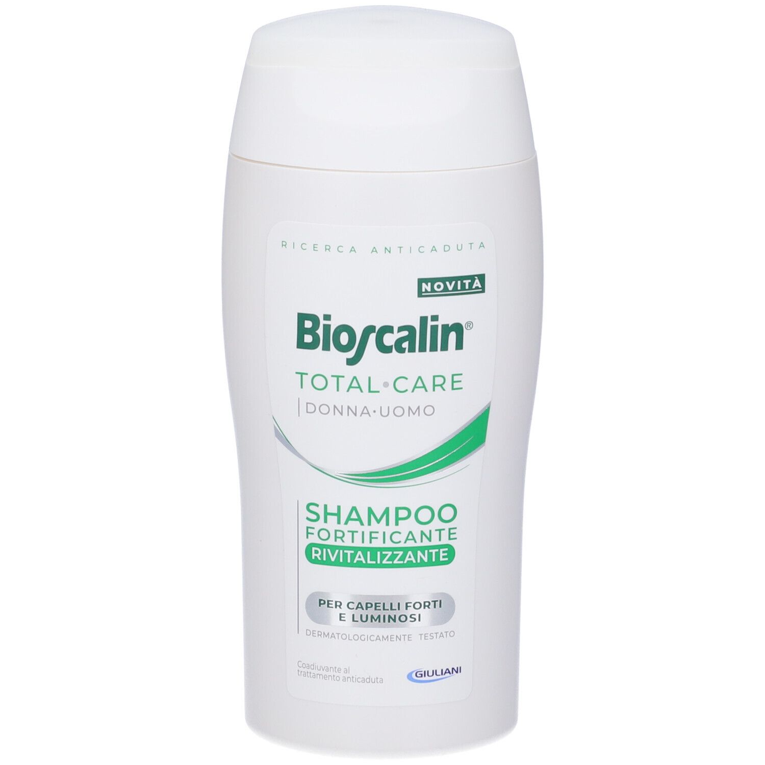 Flacone bianco con etichetta verde. Scritta: Bioscalin Total Care Shampoo Fortificante Rivitalizzante. Retro con ingredienti.