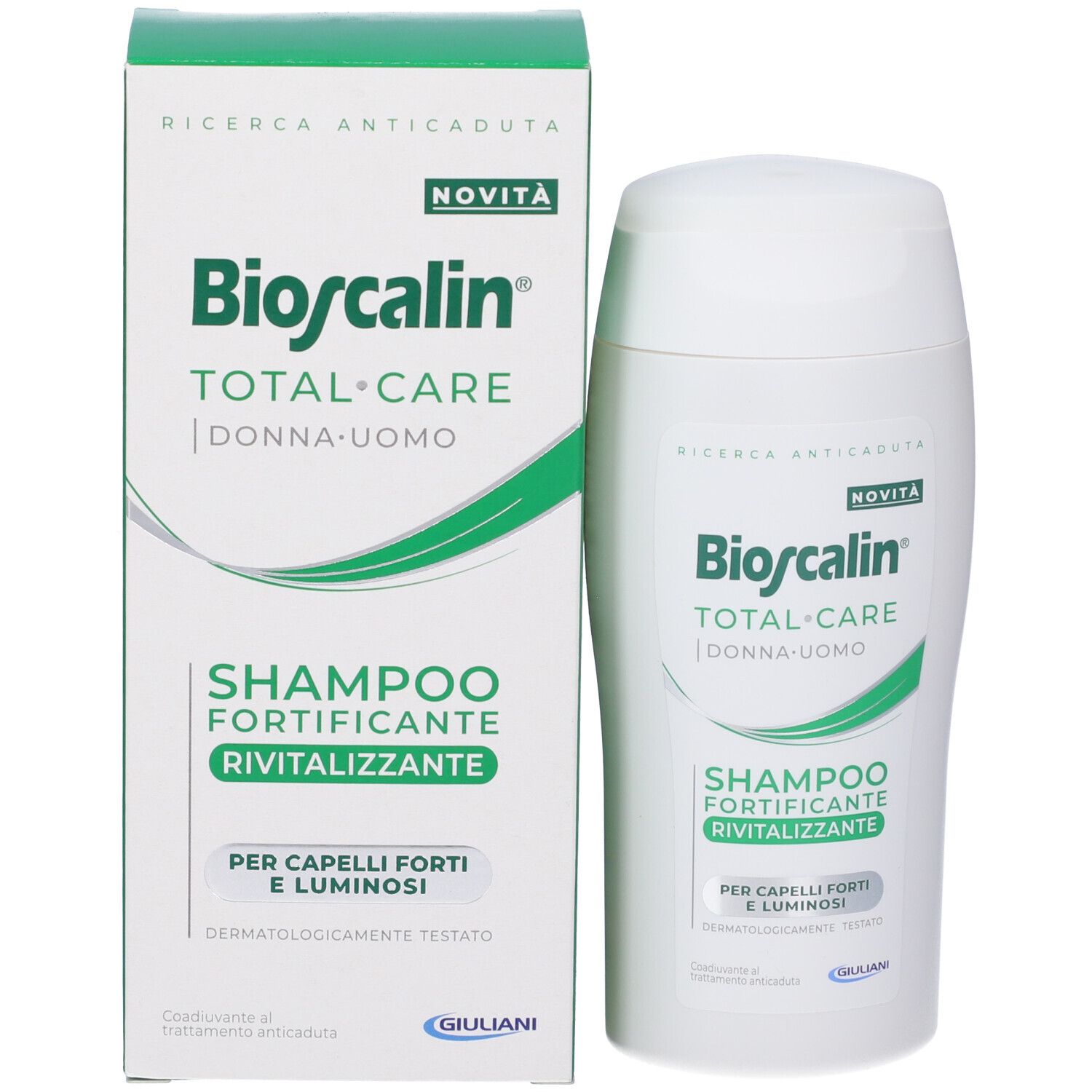 Flacone bianco con etichetta verde. Scritta: Bioscalin Total Care Shampoo Fortificante Rivitalizzante.