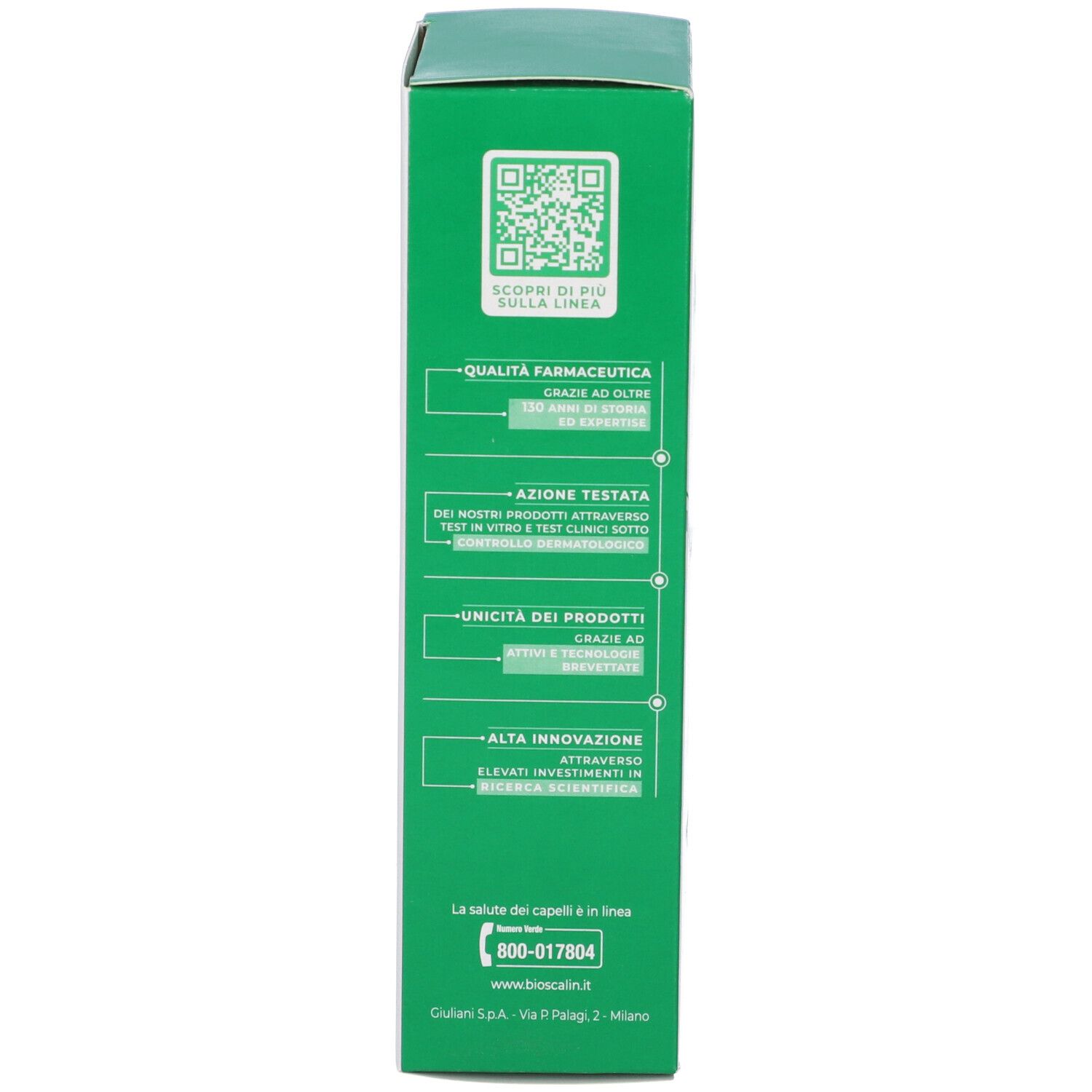 Confezione del prodotto. Lato verde con testo e codice QR. Informazioni sul prodotto.