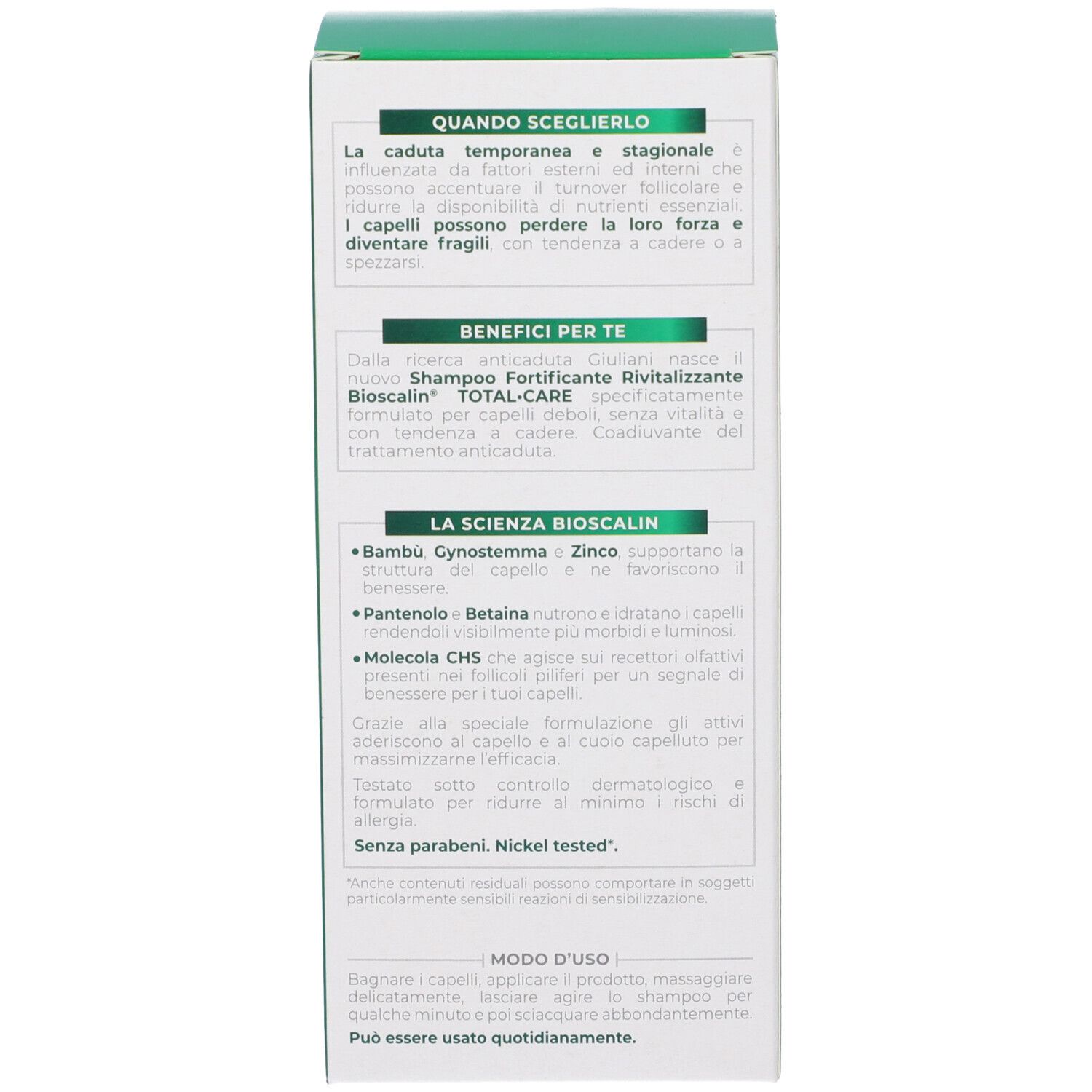 Confezione del prodotto. Lato verde con testo. Informazioni sul prodotto e l'uso.