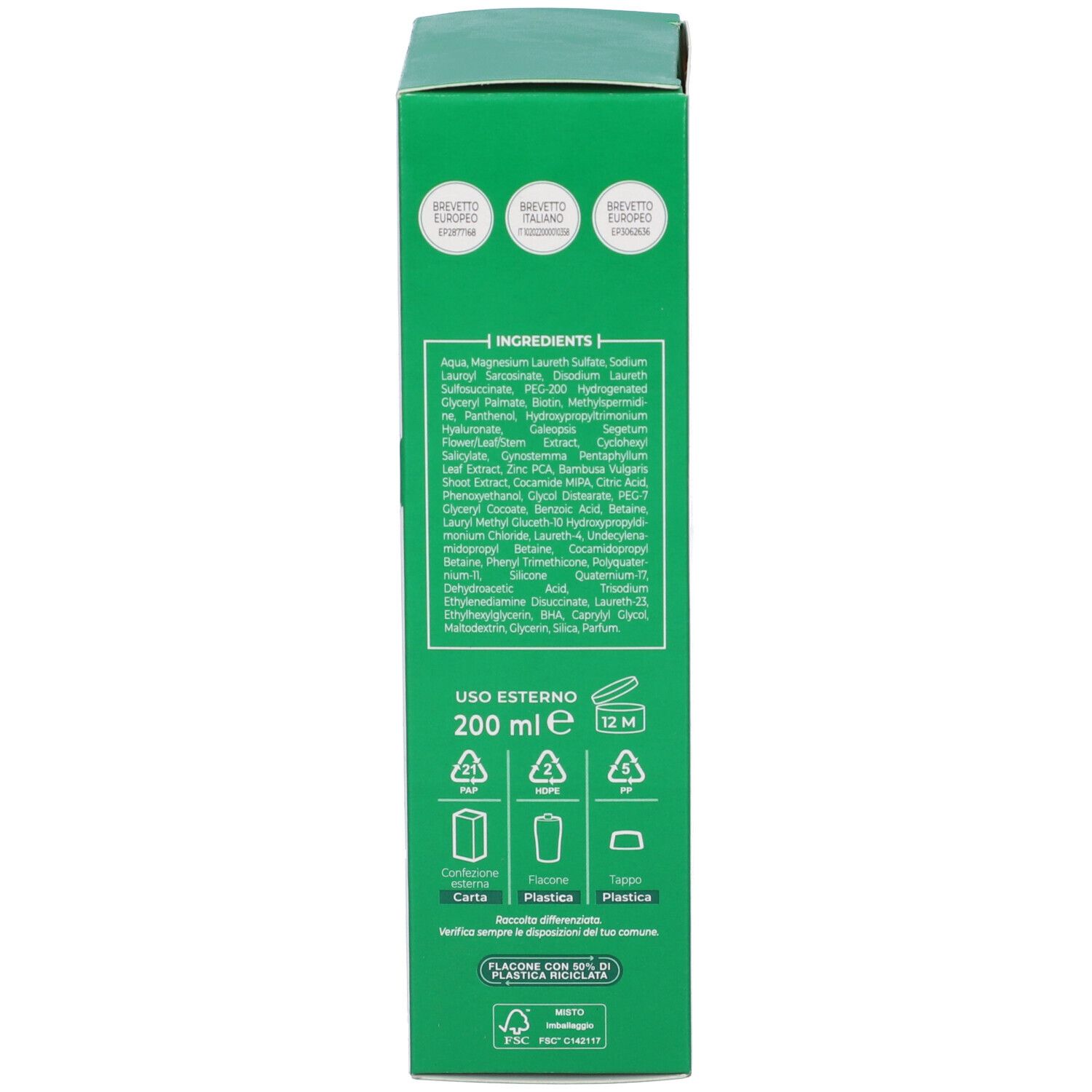 Confezione del prodotto. Lato verde con testo. Ingredienti, simboli di riciclaggio e volume.