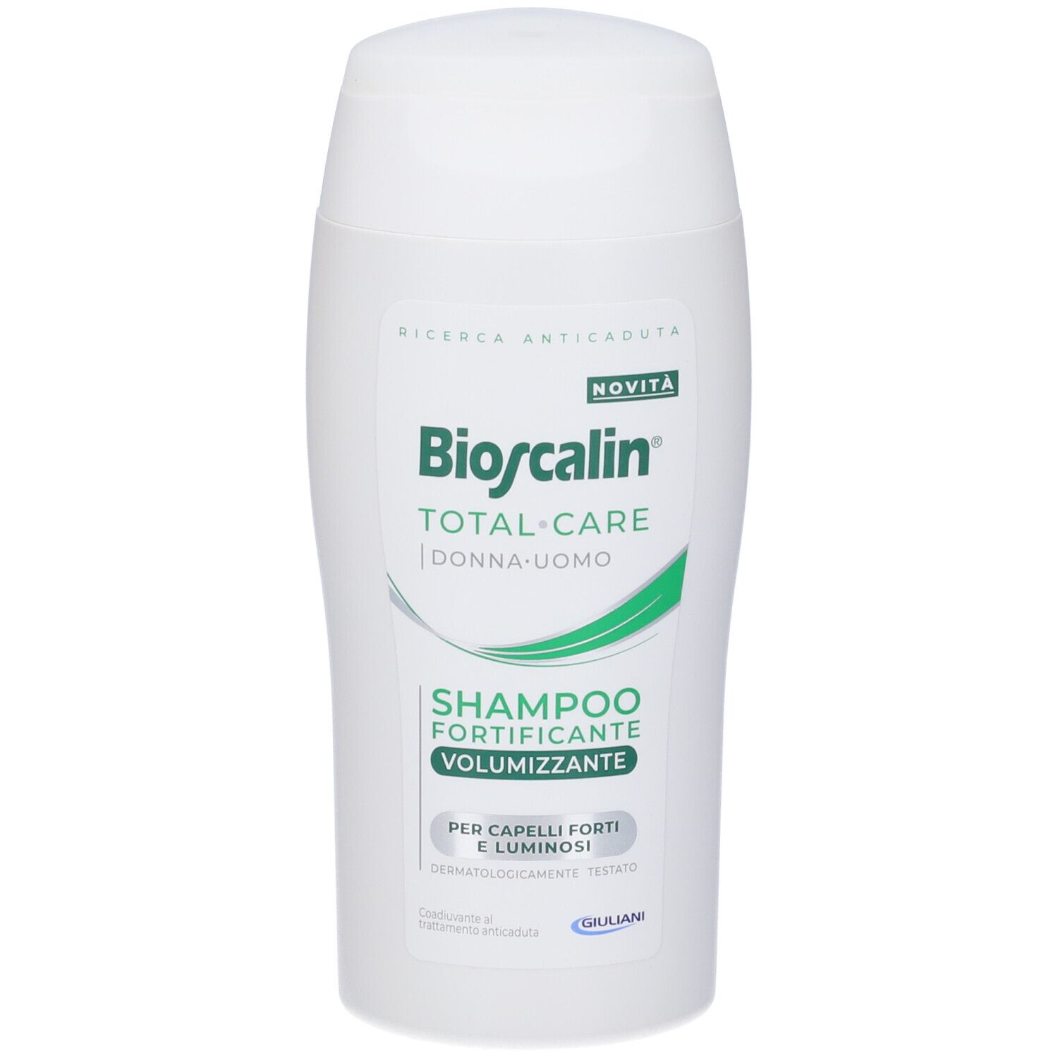 Flacone di shampoo bianco. Scritta: Bioscalin Total Care, Shampoo Fortificante Volumizzante. Retro con testo.