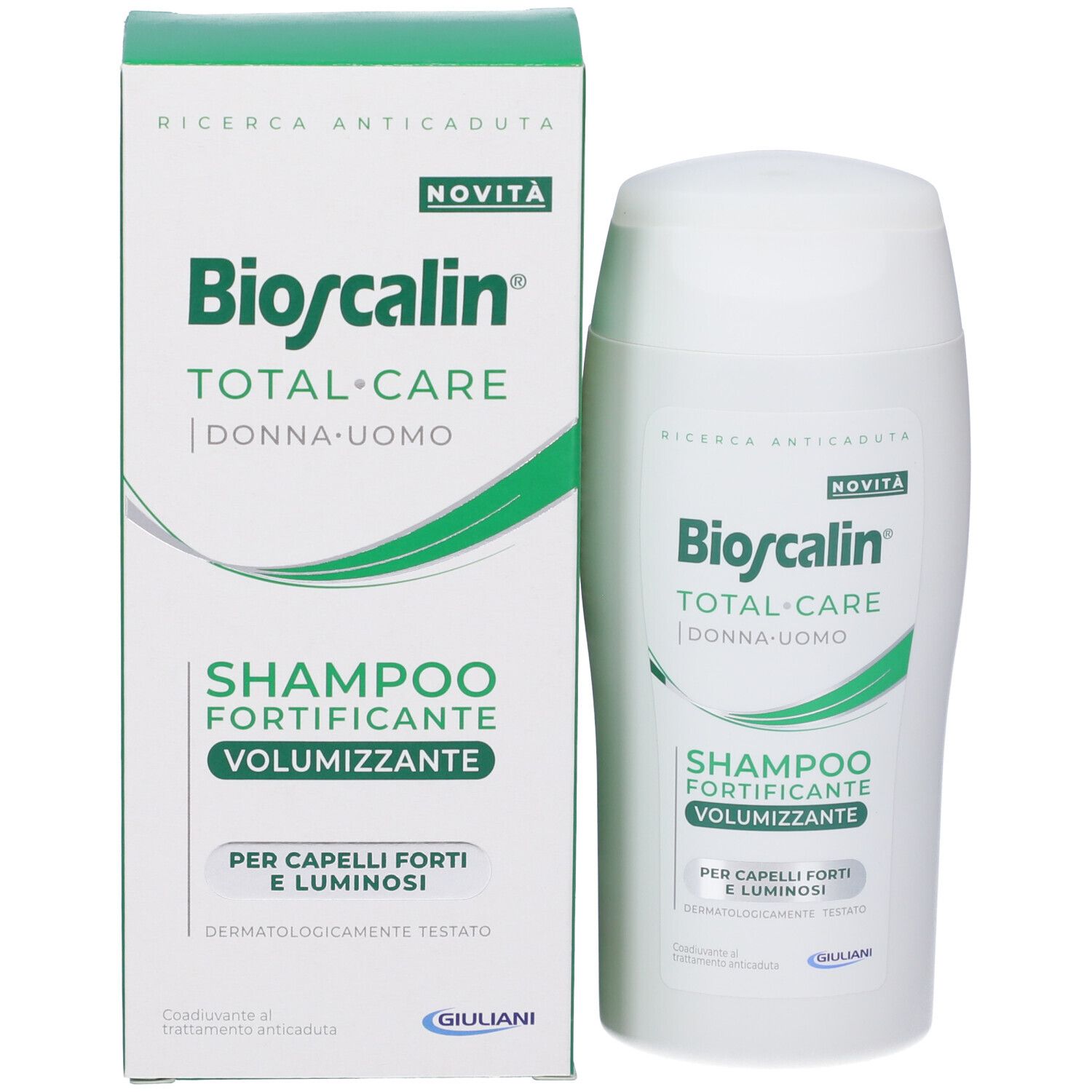 Confezione del prodotto e flacone di shampoo. Scritta: Bioscalin Total Care, Shampoo Fortificante Volumizzante.