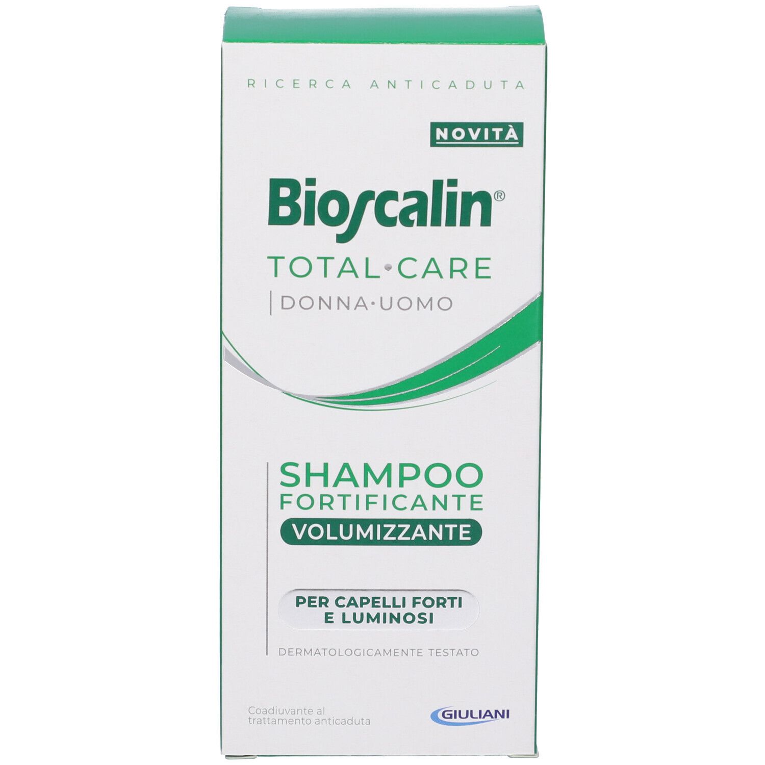 Confezione del prodotto. Scritta: Bioscalin Total Care, Shampoo Fortificante Volumizzante. Confezione verde.