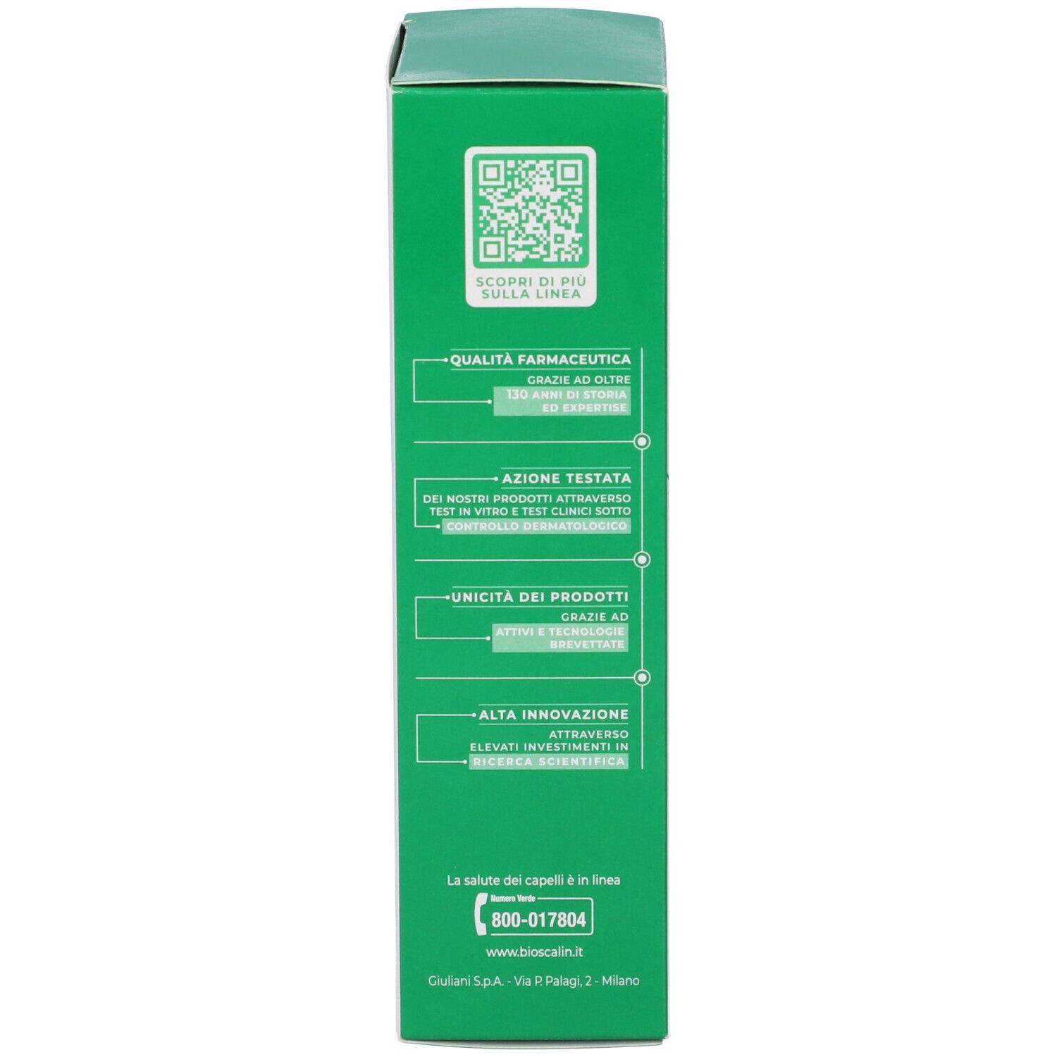 Confezione verde del prodotto. Testo su qualità, innovazione e contatti. Codice QR.