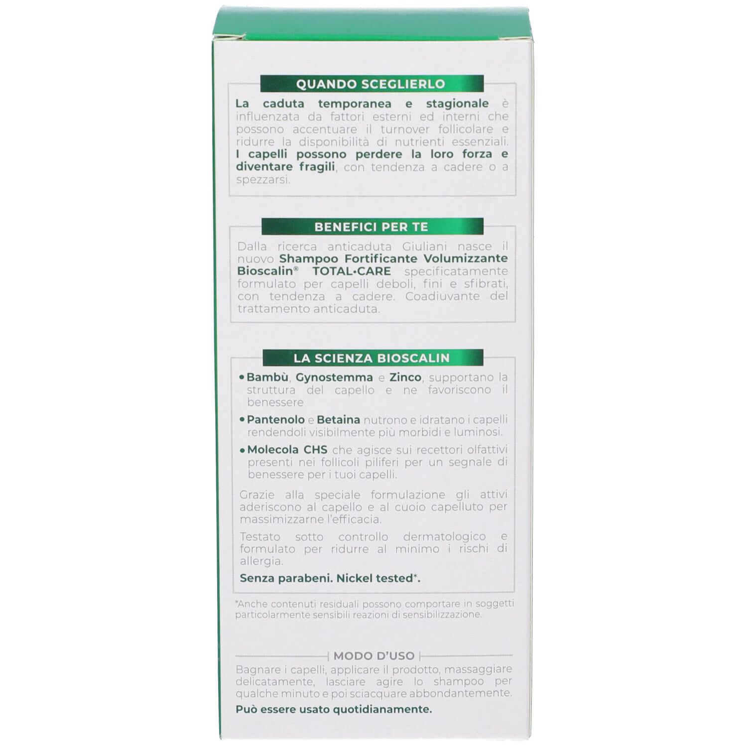 Confezione verde del prodotto. Testo su benefici, ingredienti e uso. Senza parabeni, Nickel tested.