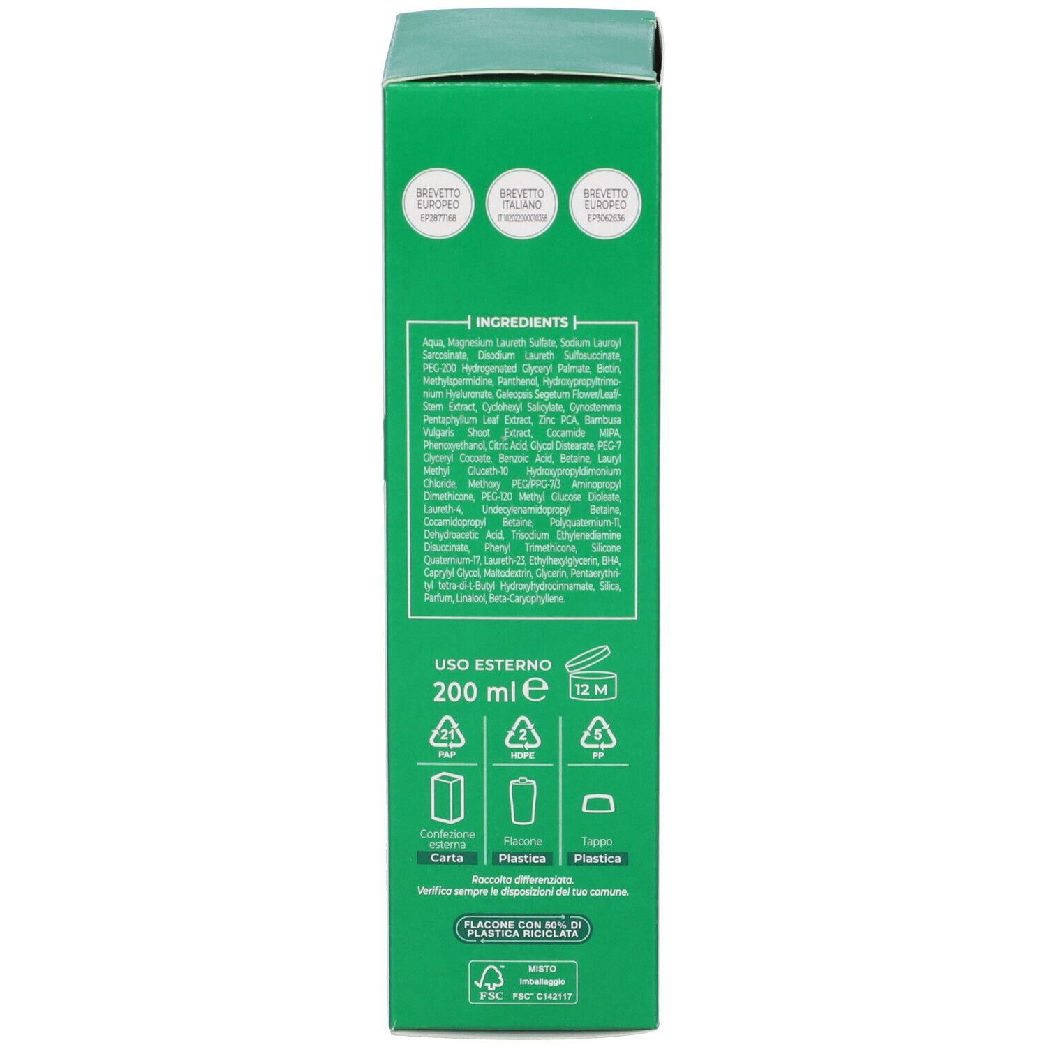 Confezione verde del prodotto. Testo su ingredienti, simboli di riciclo, 200 ml. Uso esterno.