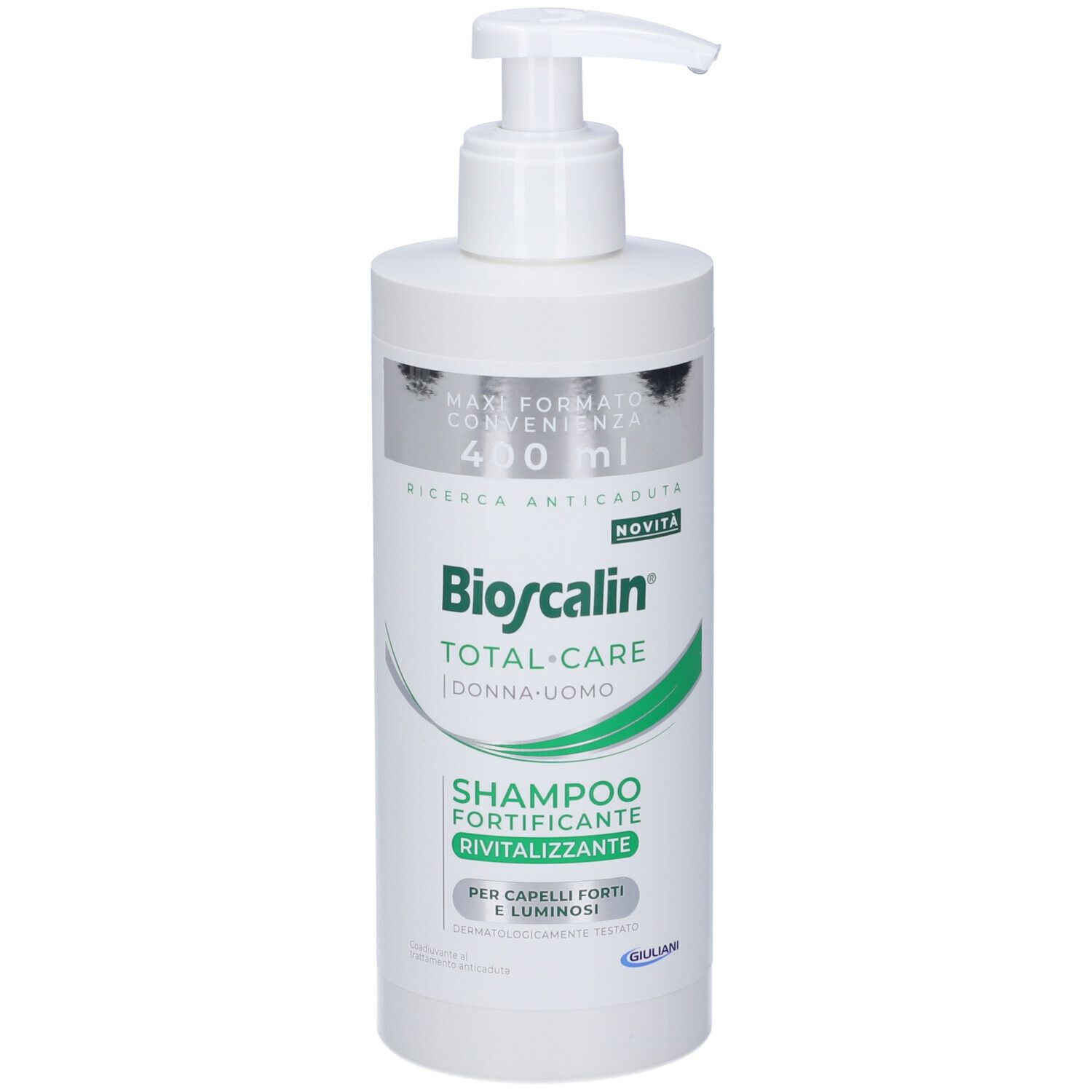 Flacone di shampoo Bioscalin con dosatore. Scritta: Total Care, Shampoo Fortificante Rivitalizzante. 400 ml.