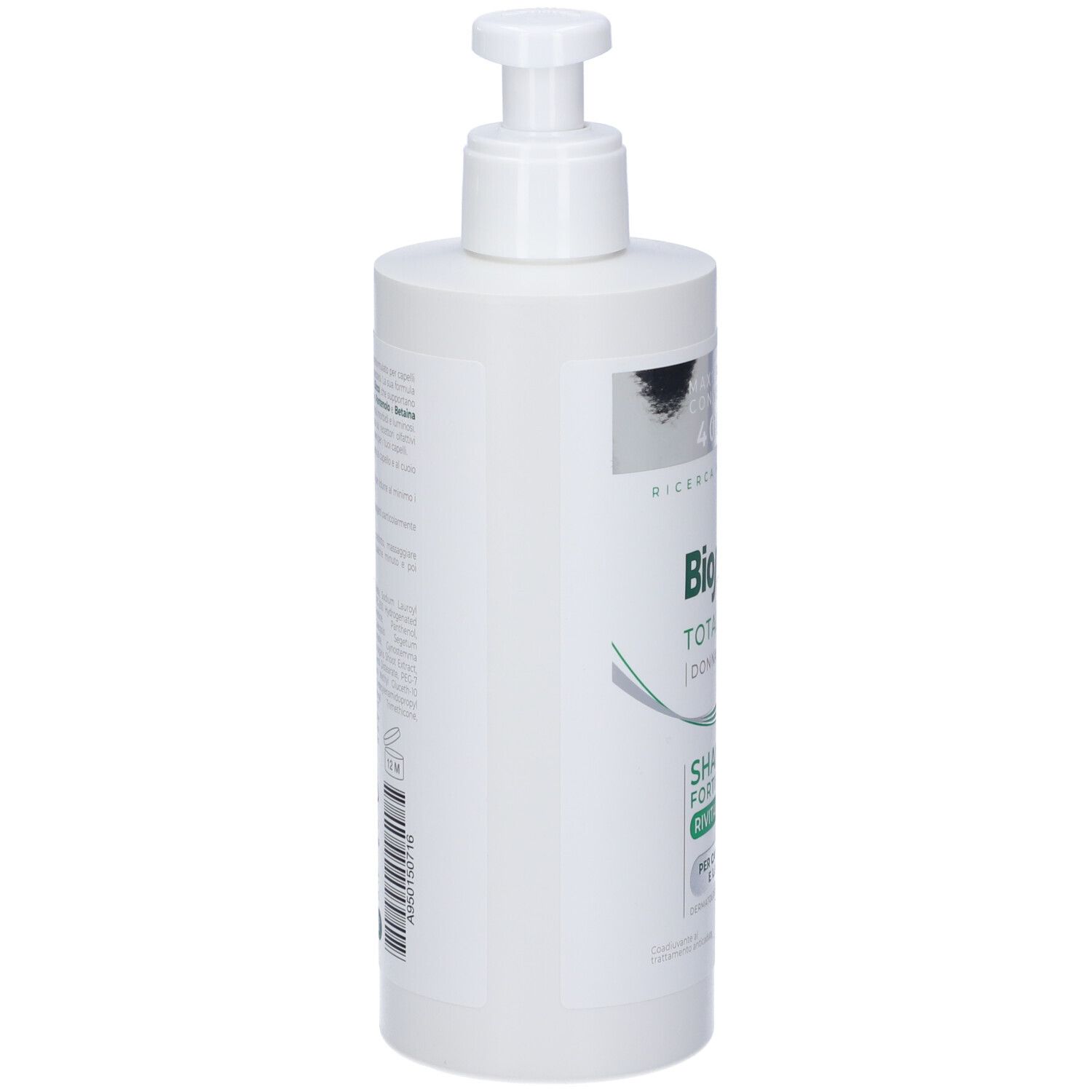 Flacone di shampoo Bioscalin con dosatore. Scritta: Total Care, Shampoo Fortificante Rivitalizzante. 400 ml.