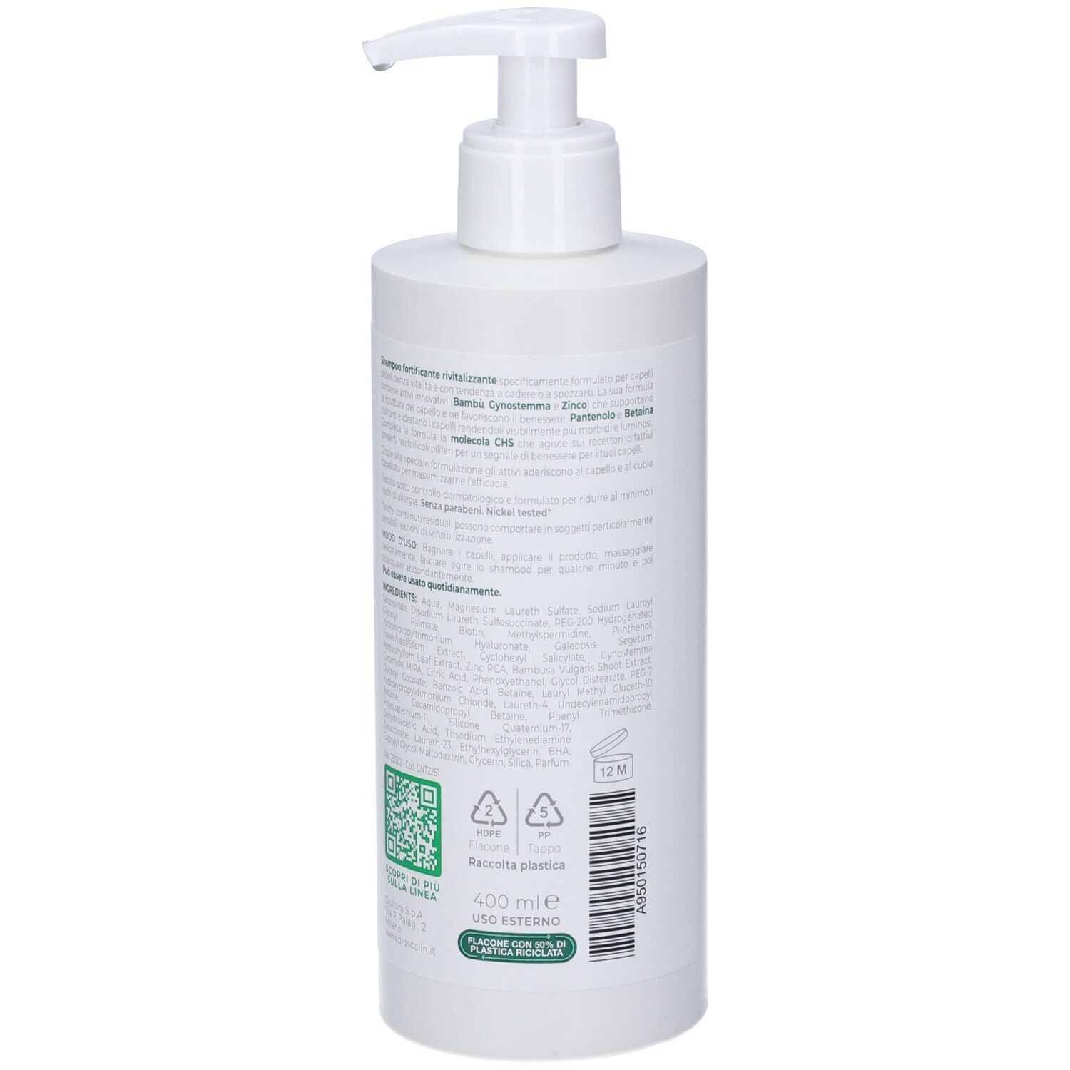 Flacone di shampoo Bioscalin con dosatore. Retro con testo e codice QR. 400 ml.