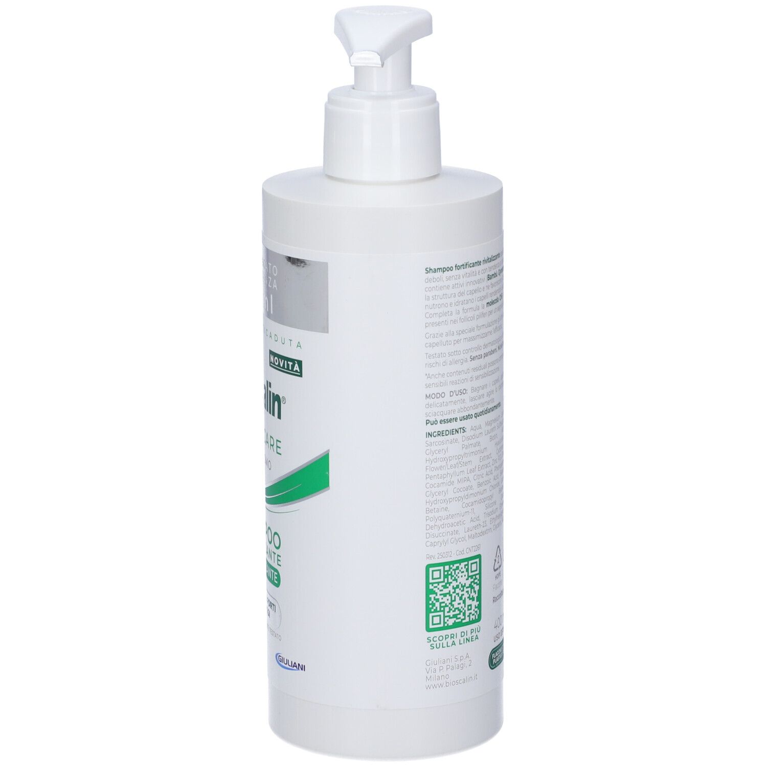 Flacone di shampoo Bioscalin con dosatore. Retro con testo e codice QR. 400 ml.