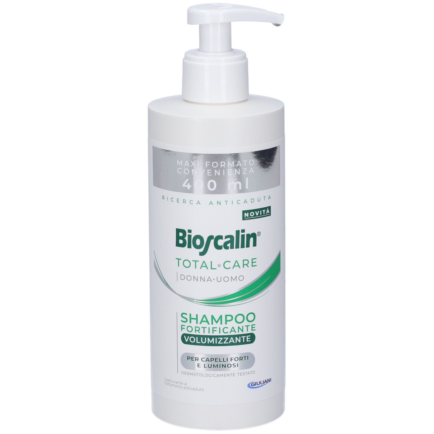 Flacone di shampoo bianco con dosatore. Scritta: Bioscalin Total Care, Shampoo fortificante volumizzante.