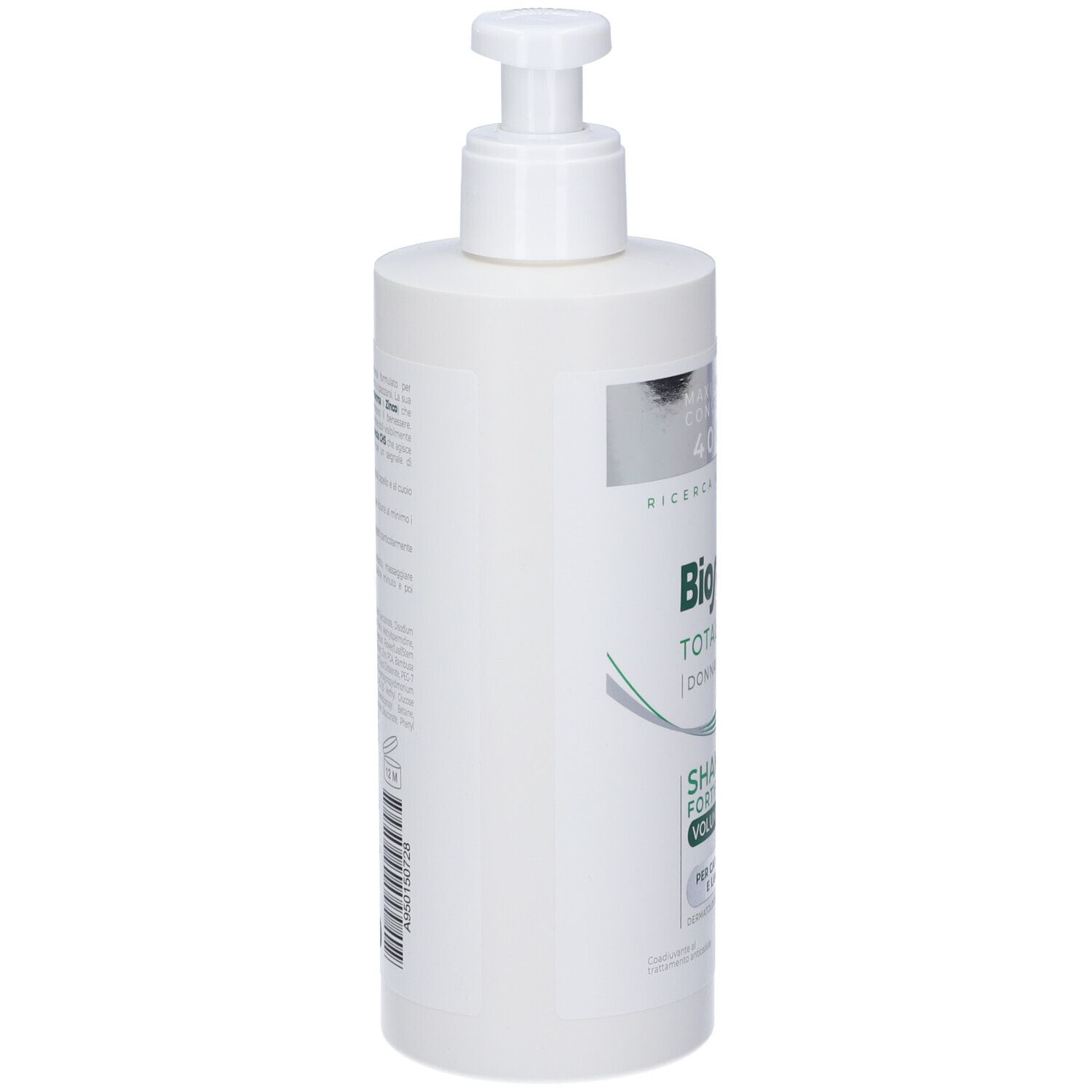 Flacone di shampoo bianco con dosatore. Scritta: Bioscalin Total Care, Shampoo fortificante volumizzante.