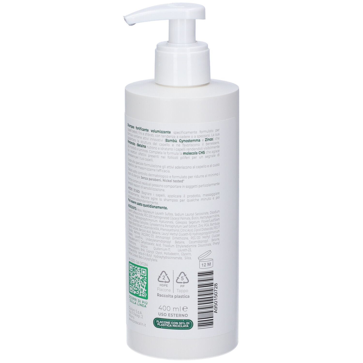 Flacone di shampoo bianco con dosatore. Scritta: Bioscalin Total Care, Shampoo fortificante volumizzante.