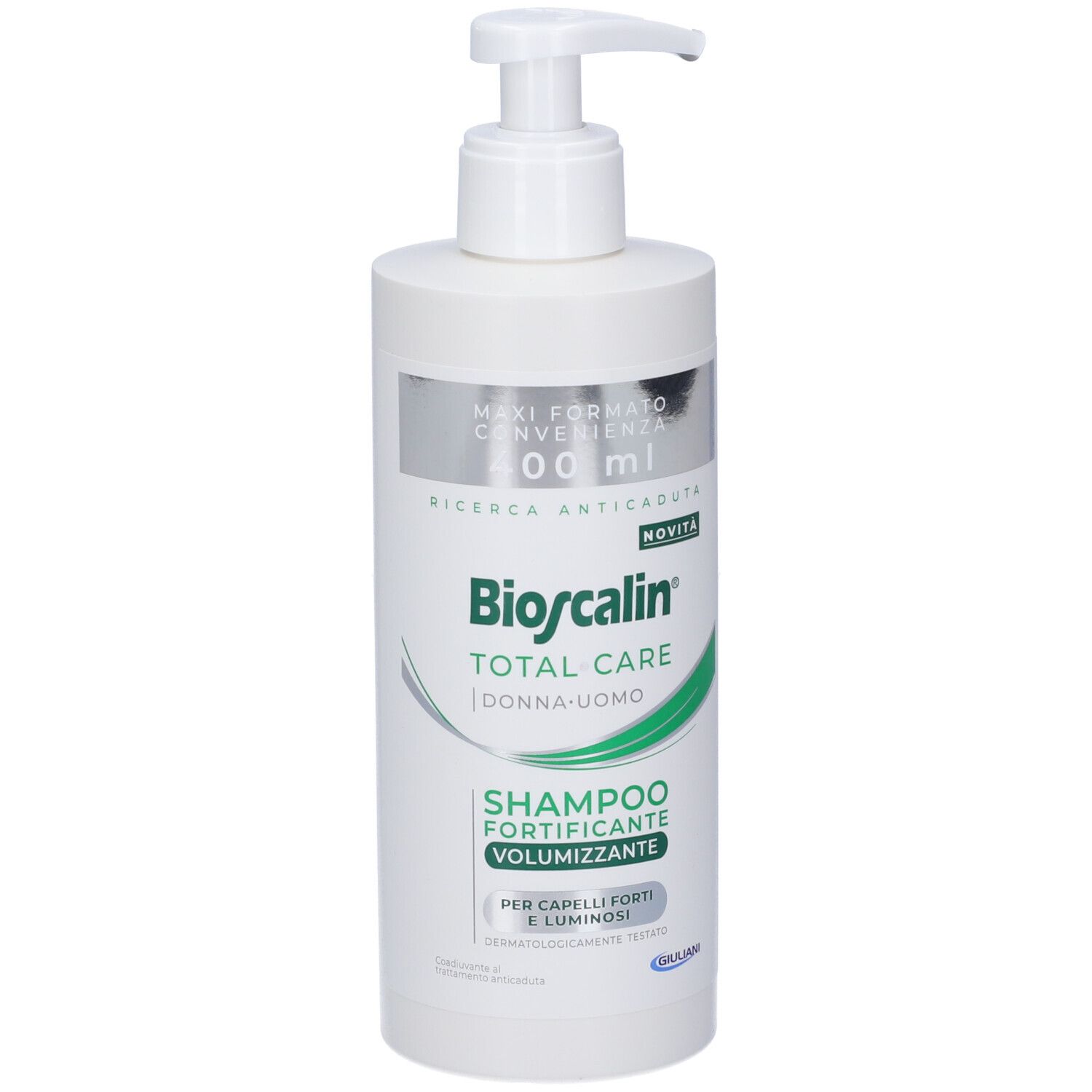 Flacone di shampoo bianco con dosatore. Scritta: Bioscalin Total Care, Shampoo fortificante volumizzante.