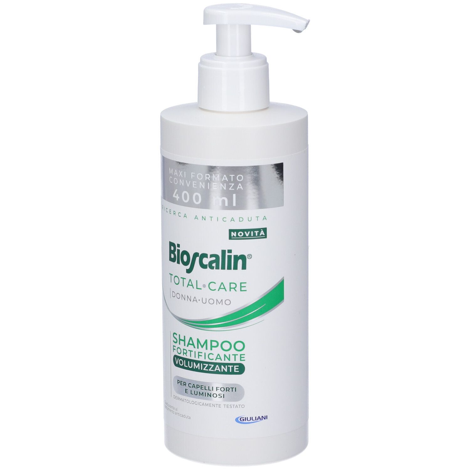 Flacone di shampoo bianco con dosatore. Scritta: Bioscalin Total Care, Shampoo fortificante volumizzante.