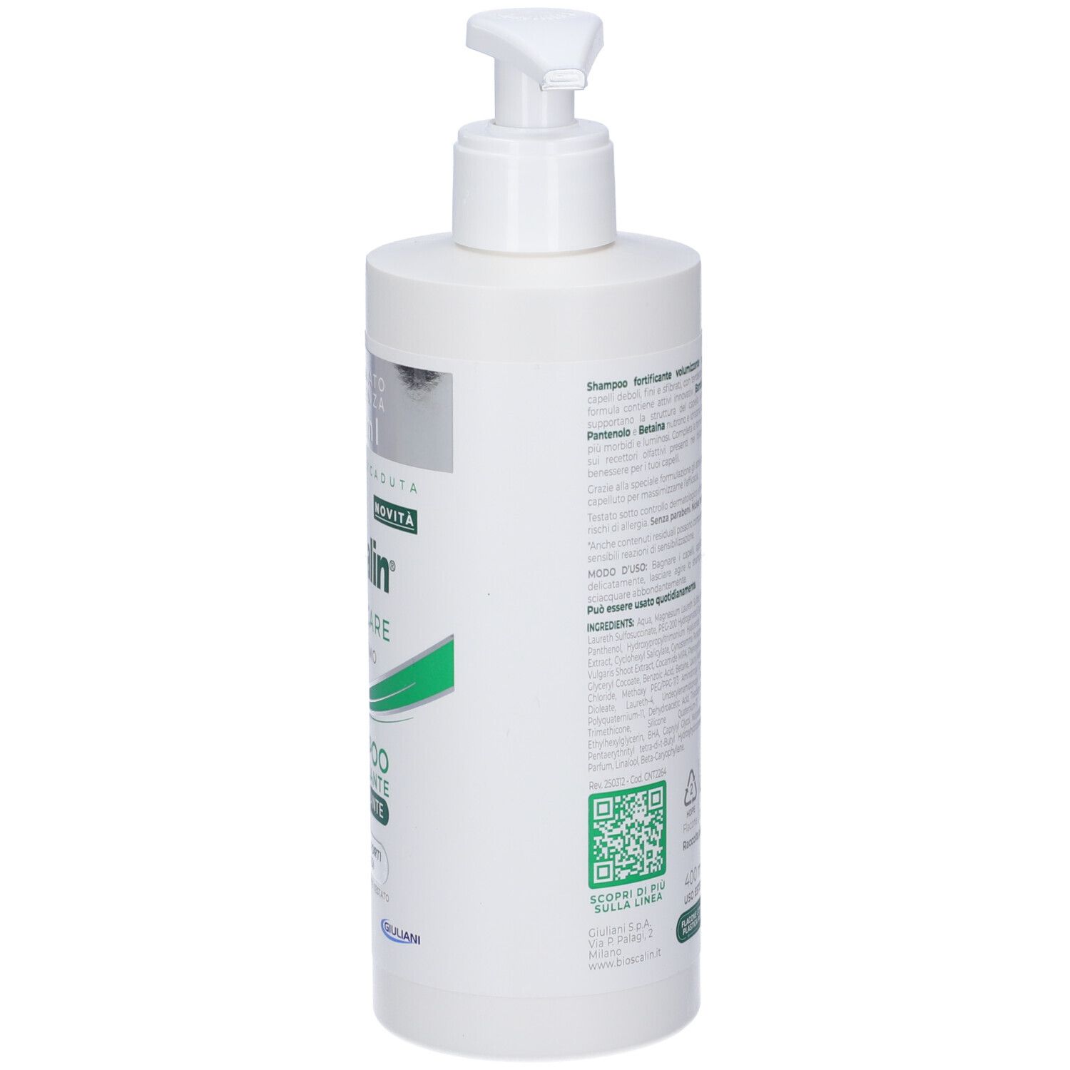 Flacone di shampoo bianco con dosatore. Scritta: Bioscalin Total Care, Shampoo fortificante volumizzante.