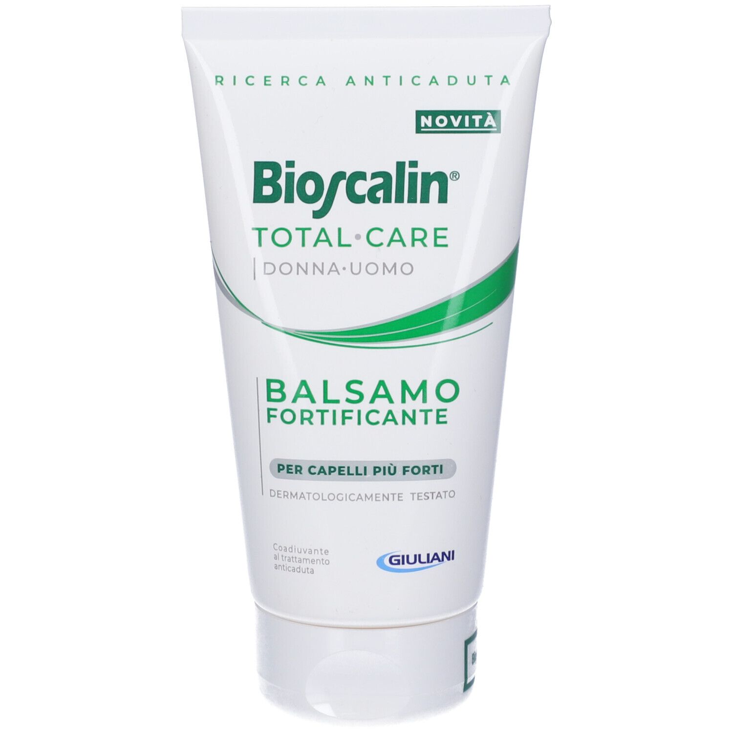 Tubo bianco con stampa verde. Testo: Bioscalin Total Care Balsamo Fortificante. Scritta: Ricerca Anticaduta.
