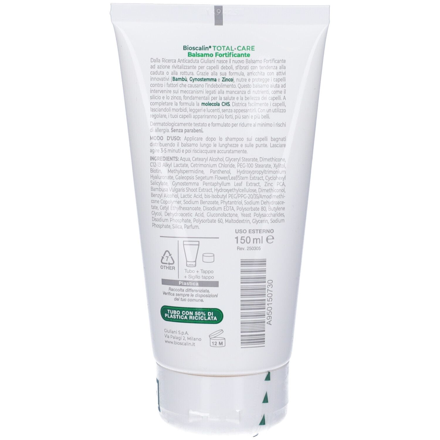 Retro di un tubo bianco. Testo e ingredienti in più lingue. Scritta: 150ml.